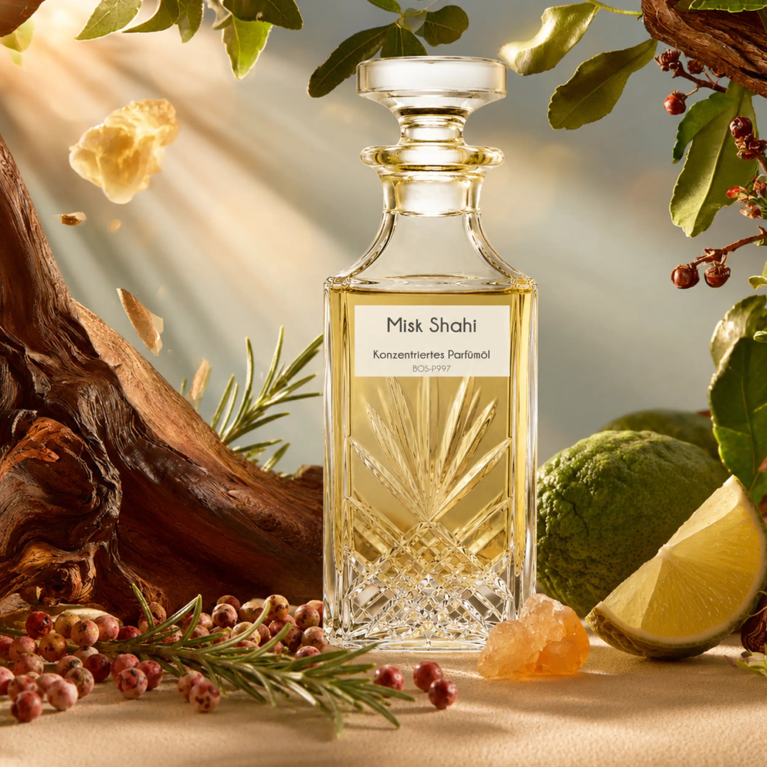 Misk Shahi von Sultan Essancy als konzentriertes Parfümöl in luxuriöser Duftinszenierung mit Oud-Holz, Bergamotte, rosa Pfeffer, Rosmarin und Amber