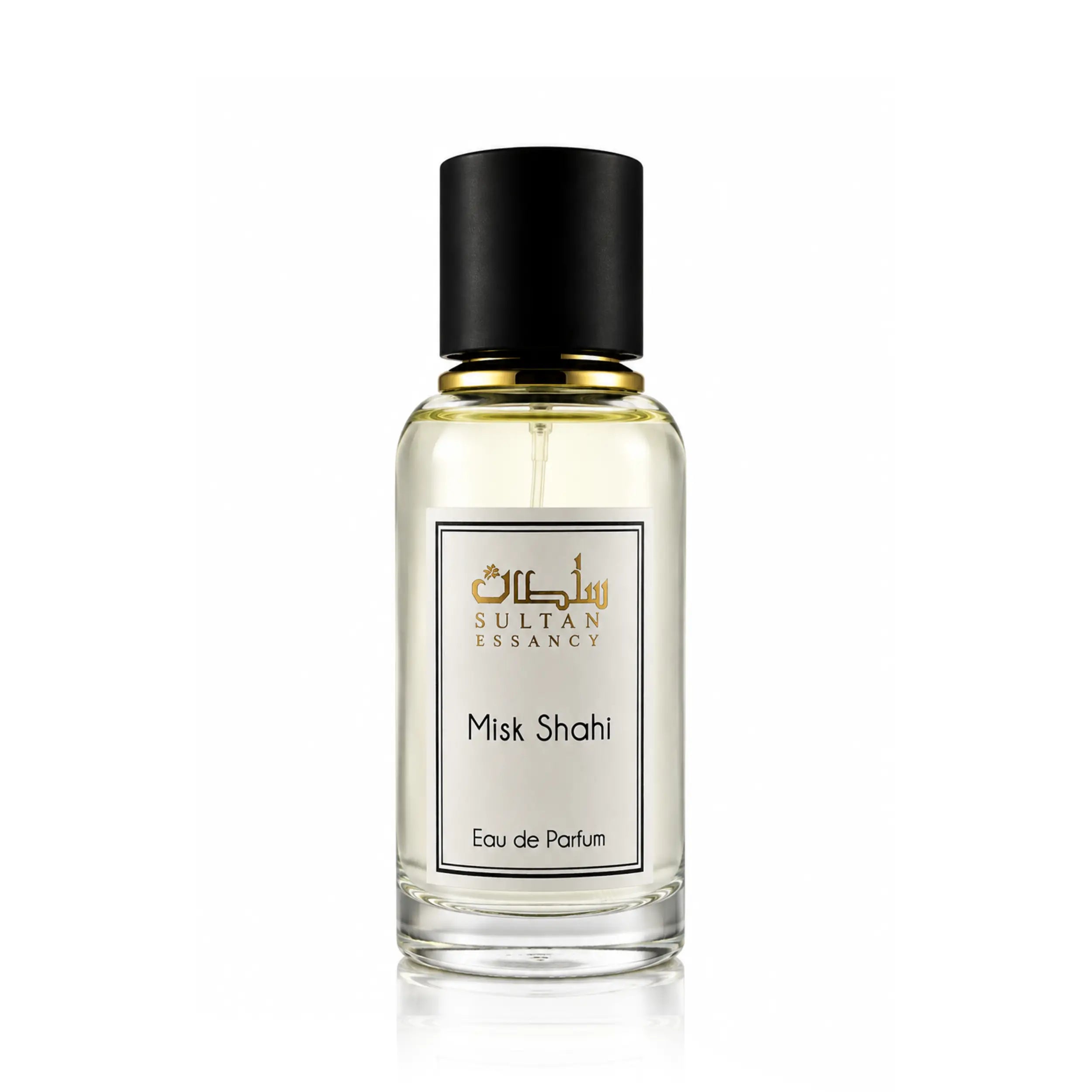 Misk Shahi Sultan Essancy Eau de Parfum Flakon mit transparentem Glas, schwarzem Verschluss und orientalischer Oud-Duftkomposition mit Leder und Amber