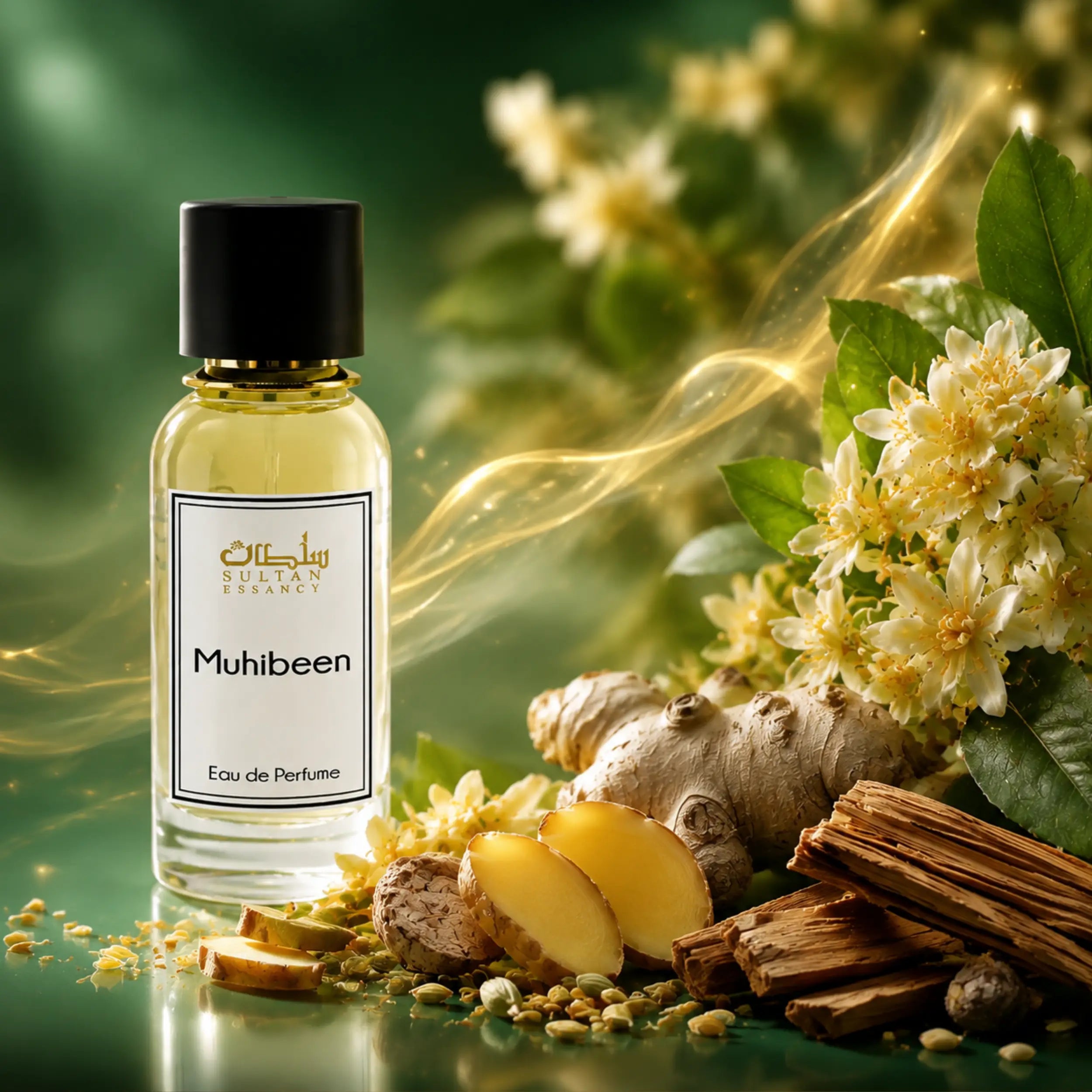 Muhibeen Sultan Essancy Eau de Parfum Flakon in grüner Duftinszenierung mit Ingwer, weißen Blüten und holzigen Noten