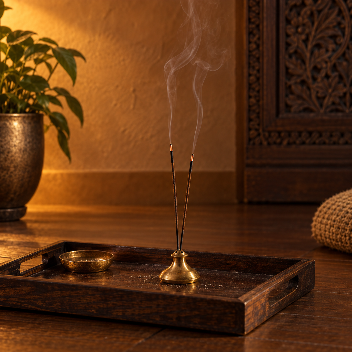 Nag-Champa-Räucherstäbchen im Messinghalter in warmer Wohnatmosphäre