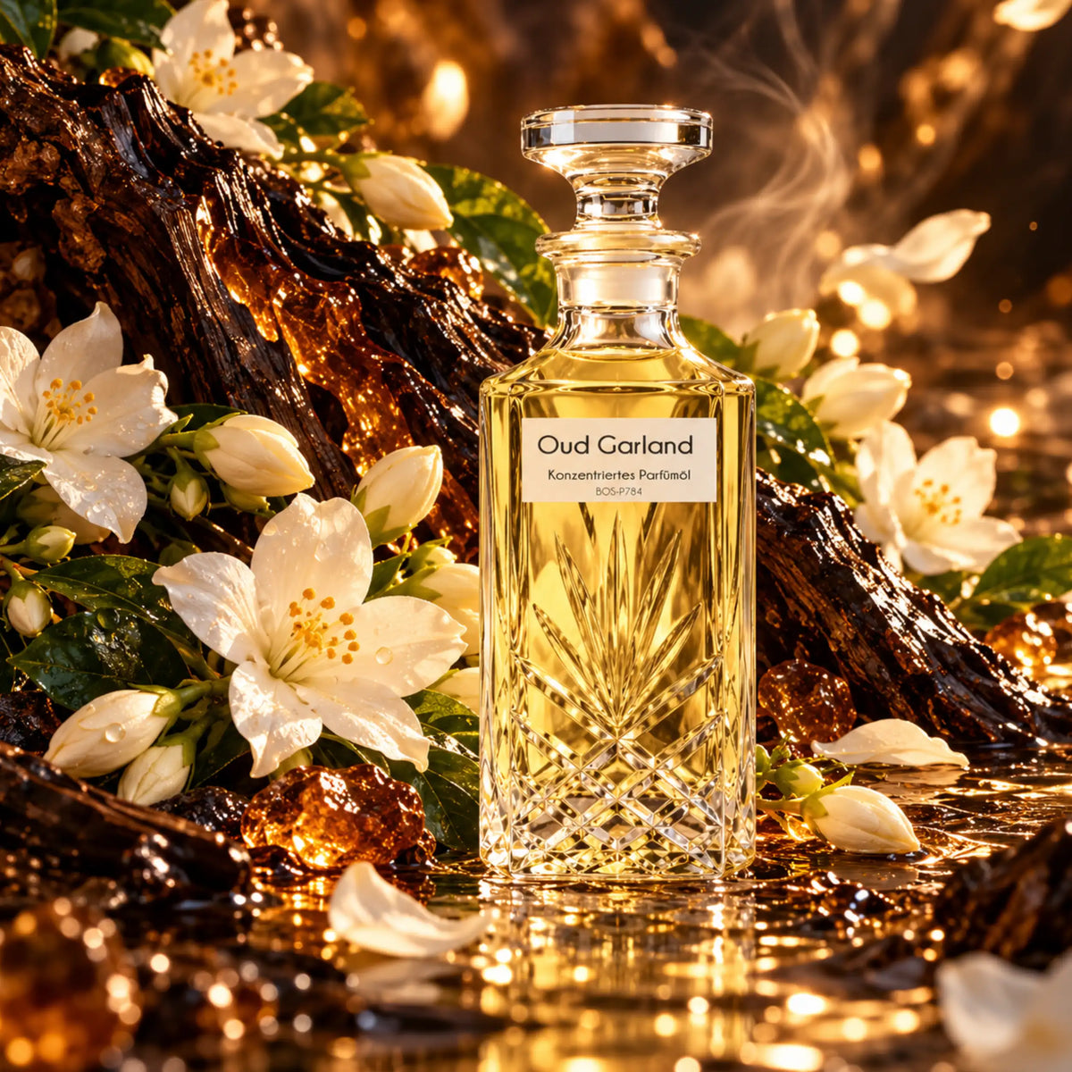 Oud Garland von Sultan Essancy – konzentriertes Unisex-Parfümöl im eleganten Kristallflakon, umgeben von weißen Jasminblüten, dunklem Oudholz und warmen goldenen Lichtreflexen.