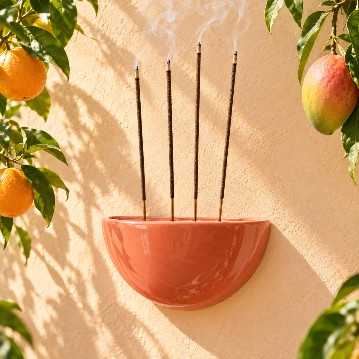 Brennende Räucherstäbchen in korallenfarbenem Keramik-Wandhalter vor heller Wand mit echten Orangen und Mango