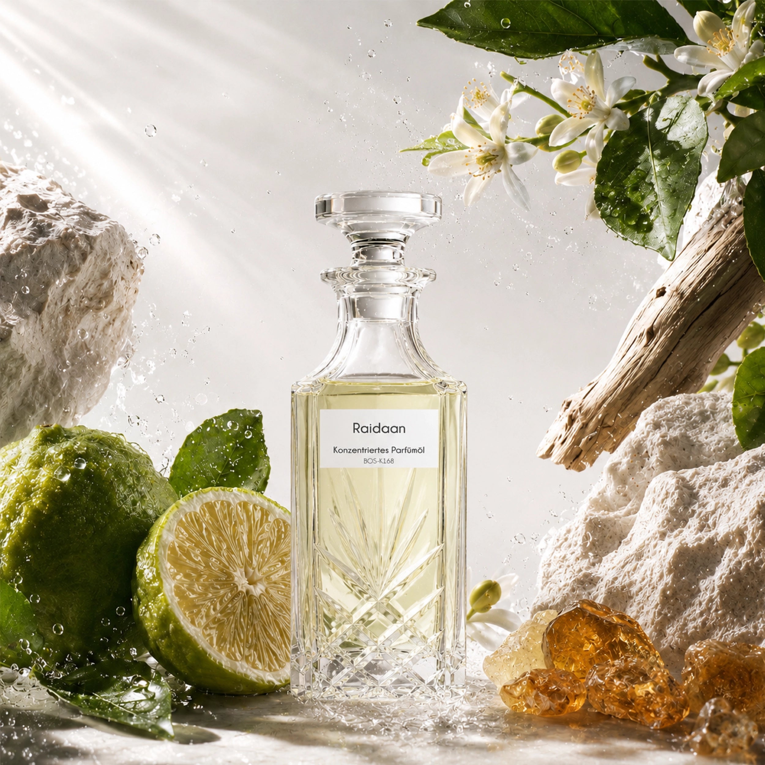 Raidaan Parfümöl für Herren von Sultan Essancy im hochwertigen Glasflakon mit Bergamotte, Orangenblüten, Amberharz, hellem Treibholz und Naturstein auf einem modernen Luxushintergrund.