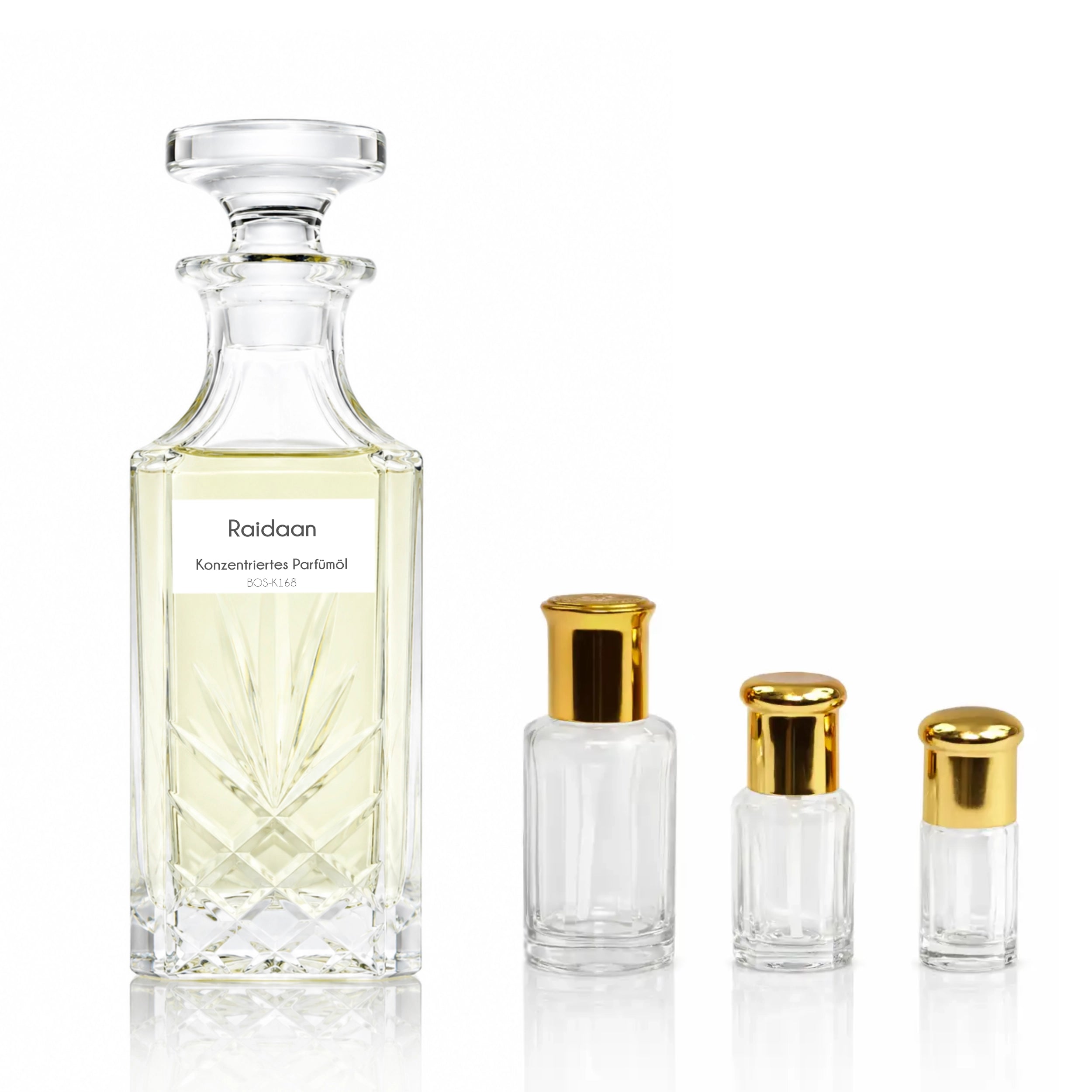 Raidaan Parfümöl für Herren von Sultan Essancy im eleganten Glasflakon mit verschiedenen Flaschengrößen auf weißem Hintergrund.