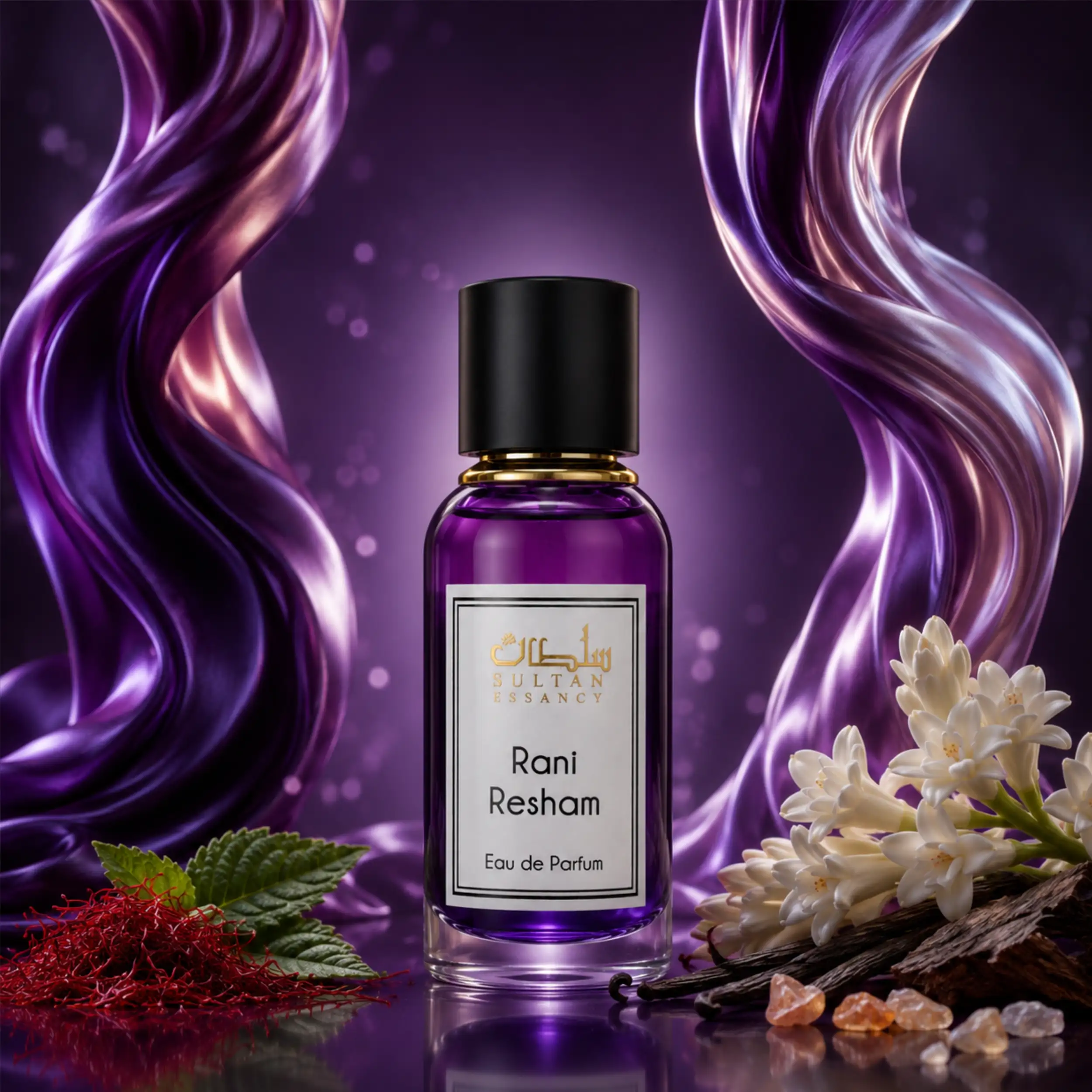 Rani Resham von Sultan Essancy Eau de Parfum für Damen mit Safran, Tuberose, Oud, Vanille, Myrrhe und Weihrauch in einer luxuriösen violetten Seidenkulisse