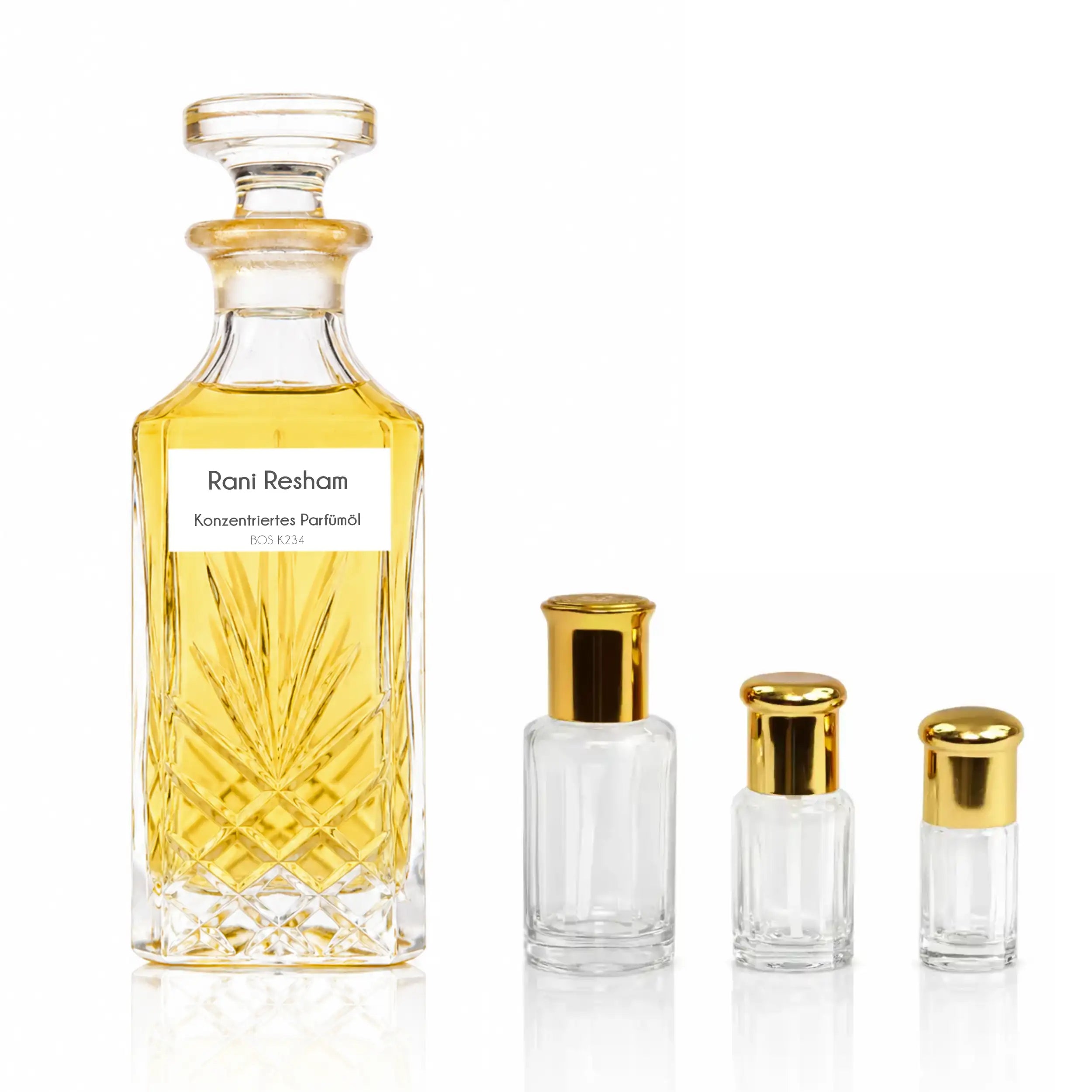 Rani Resham Parfümöl von Sultan Essancy im dekorativen Glasflakon mit verschiedenen Abfüllgrößen – Damenduft mit Safran, Passionsfrucht, Tuberose, Oud und Vanille