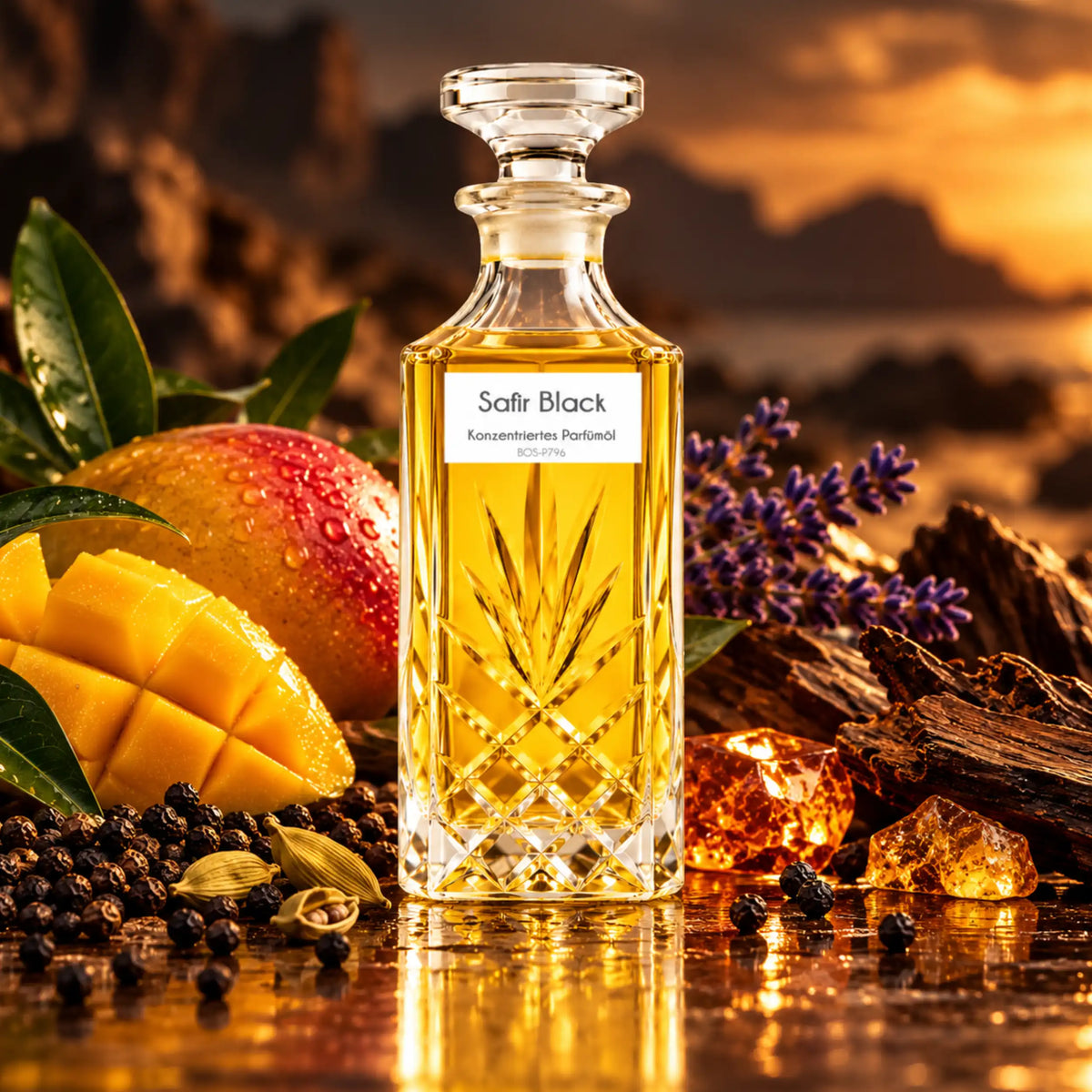 Safir Black Sultan Essancy Parfümöl in einer maskulinen Duftszene mit Mango, Lavendel, schwarzem Pfeffer, Kardamom und dunklem Holz – tropisch, würzig und warm