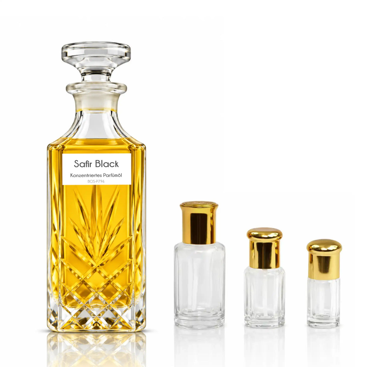 Safir Black Sultan Essancy konzentriertes Parfümöl für Herren mit Kristallflakon und kleineren Glasflakons – fruchtig-würziger Duft mit Mango, schwarzem Pfeffer und Vanille
