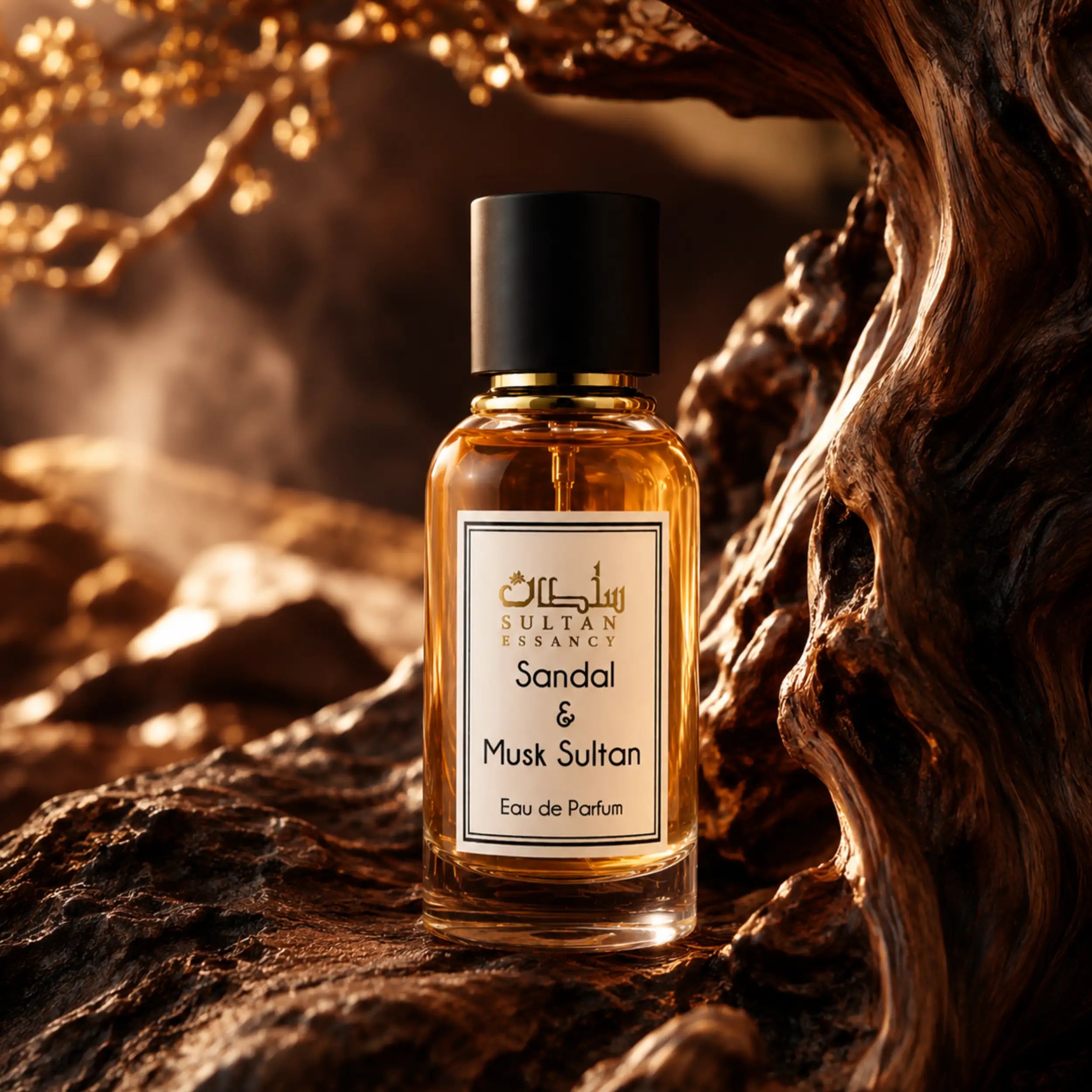Sandal & Musk Sultan Eau de Parfum von Sultan Essancy in warmer luxuriöser Duftinszenierung mit dunklem Holz und goldenen Lichtreflexen