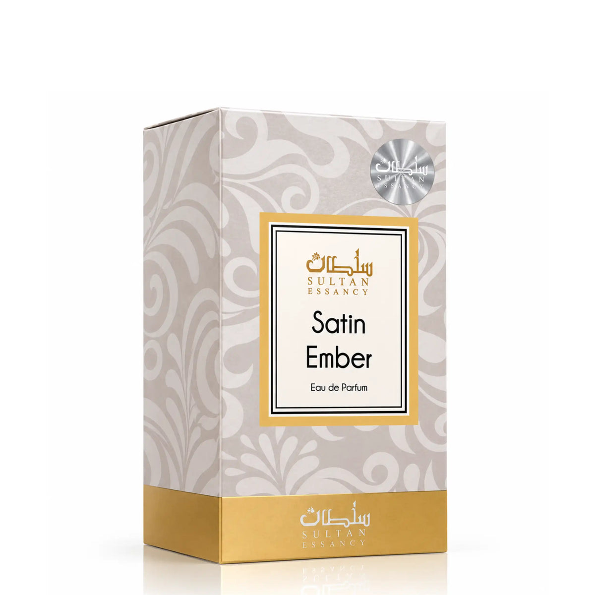 Originalverpackung von Satin Ember Eau de Parfum von Sultan Essancy – beigefarbene Parfümbox mit floralen Ornamenten, goldenen Akzenten und Markenlogo, leicht seitlich gedreht.