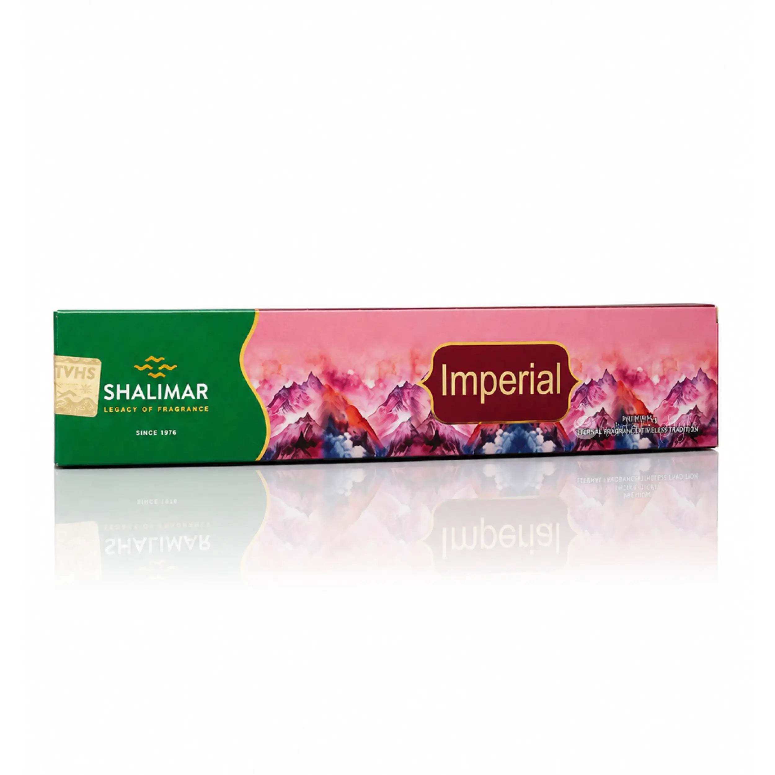Imperial Räucherstäbchen von Shalimar, 20 Stück mit elegantem Blumenduft, geschlossene Verpackung auf weißem Hintergrund mit dezenter Spiegelung