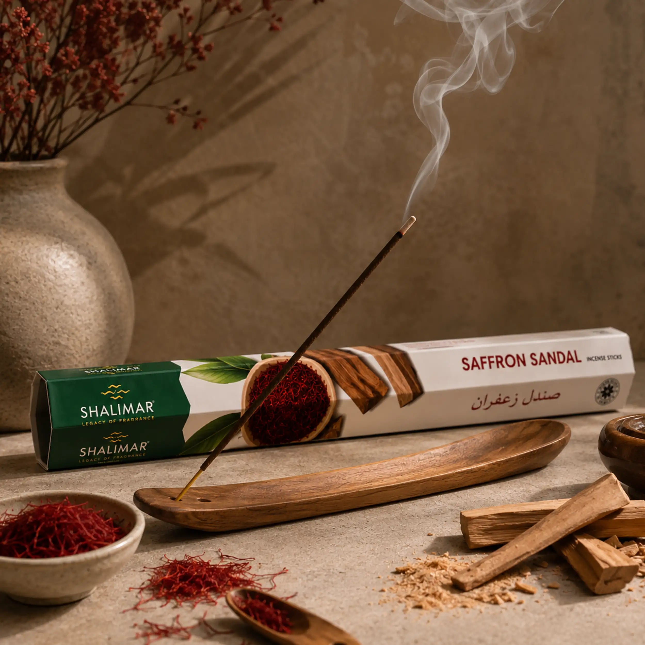Brennendes Shalimar Saffron Sandal Räucherstäbchen im Holzhalter mit feinem Rauch, Safran und Sandelholz neben der Verpackung