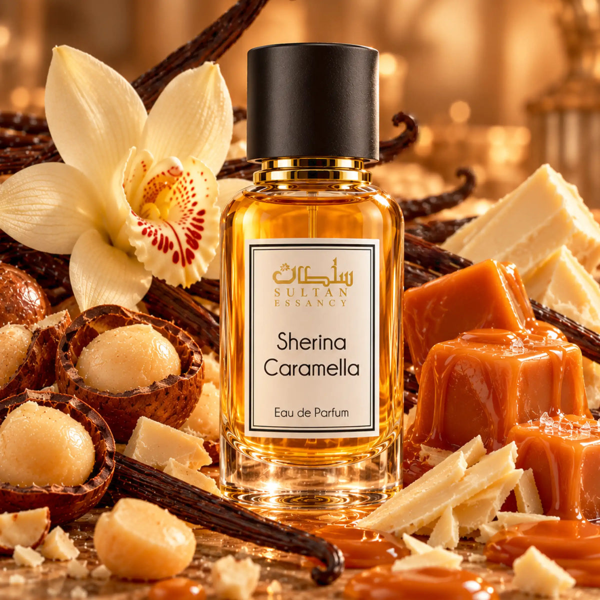 Sherina Caramella Gourmandparfümduft mit Macademianüssen, Vanille, weißer Schokolade und Karamell
