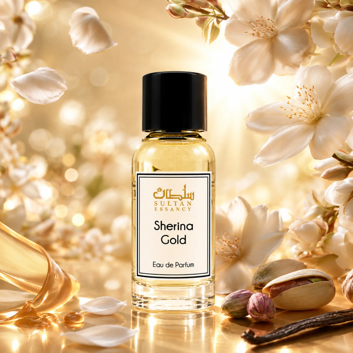 Sherina Gold Eau de Parfum mit Pistazie Karamell Vanille und weißen Blüten