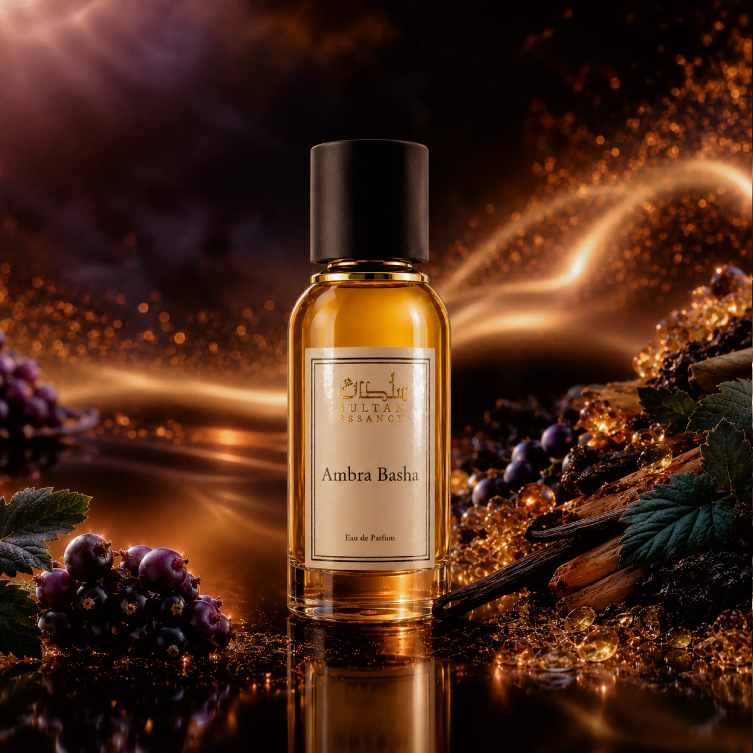 Sultan Essancy Ambra Basha Eau de Parfum in luxuriöser Amber-Szene mit schwarzer Johannisbeere, Rum-Amaretto-Wärme, Sandelholz, Vanille, Harzglanz und goldener Tiefe – dunkler Unisexduft als Dupe und Duftzwilling bei Oriental-Style.