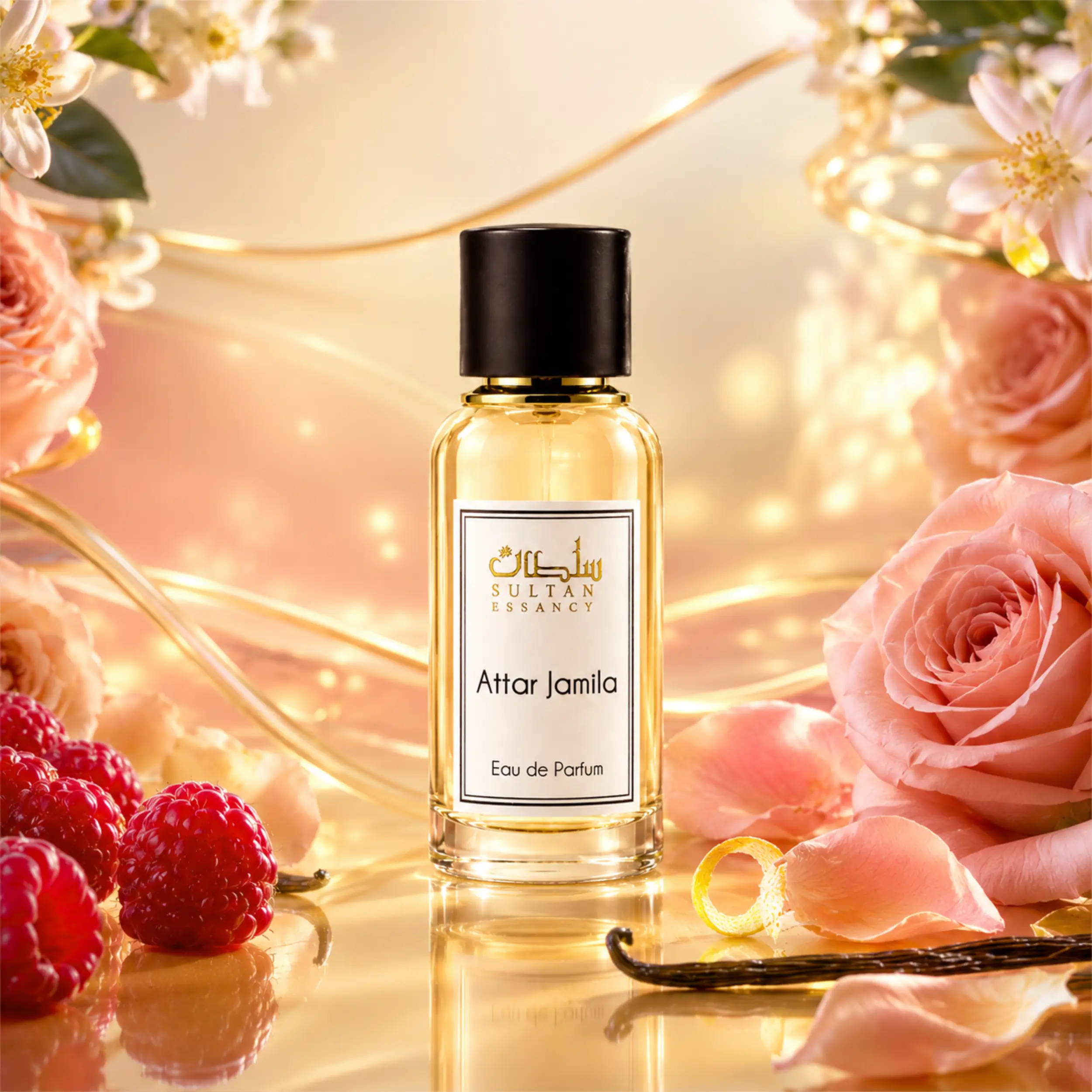 Sultan Essancy Attar Jamila Eau de Parfum in luxuriöser Himbeere-Rose-Vanille-Szene, fruchtig-süßer Duftzwilling und Dupe mit Himbeere, Rose, Vanille, Moschus und Amberwood – Oriental-Style