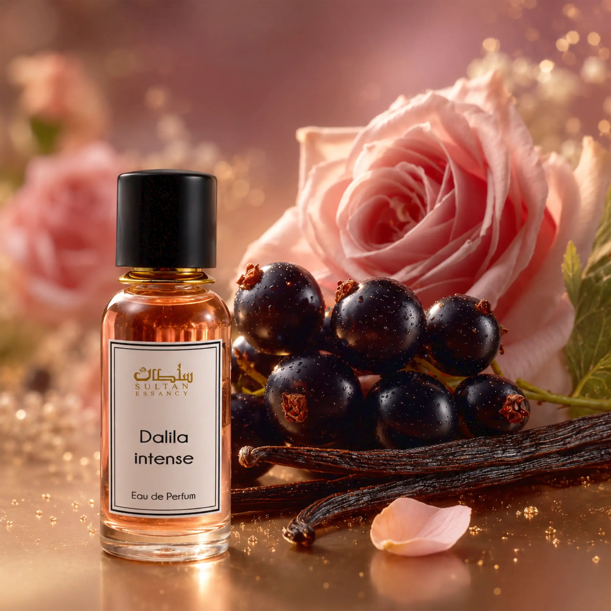 Sultan Essancy Dalila Intense Eau de Parfum in luxuriöser Duftszene mit Cassis, Rose und Vanille, intensiver Damenduft mit schwarzer Johannisbeere, Patchouli, Holznoten und Ambroxan – Oriental-Style.