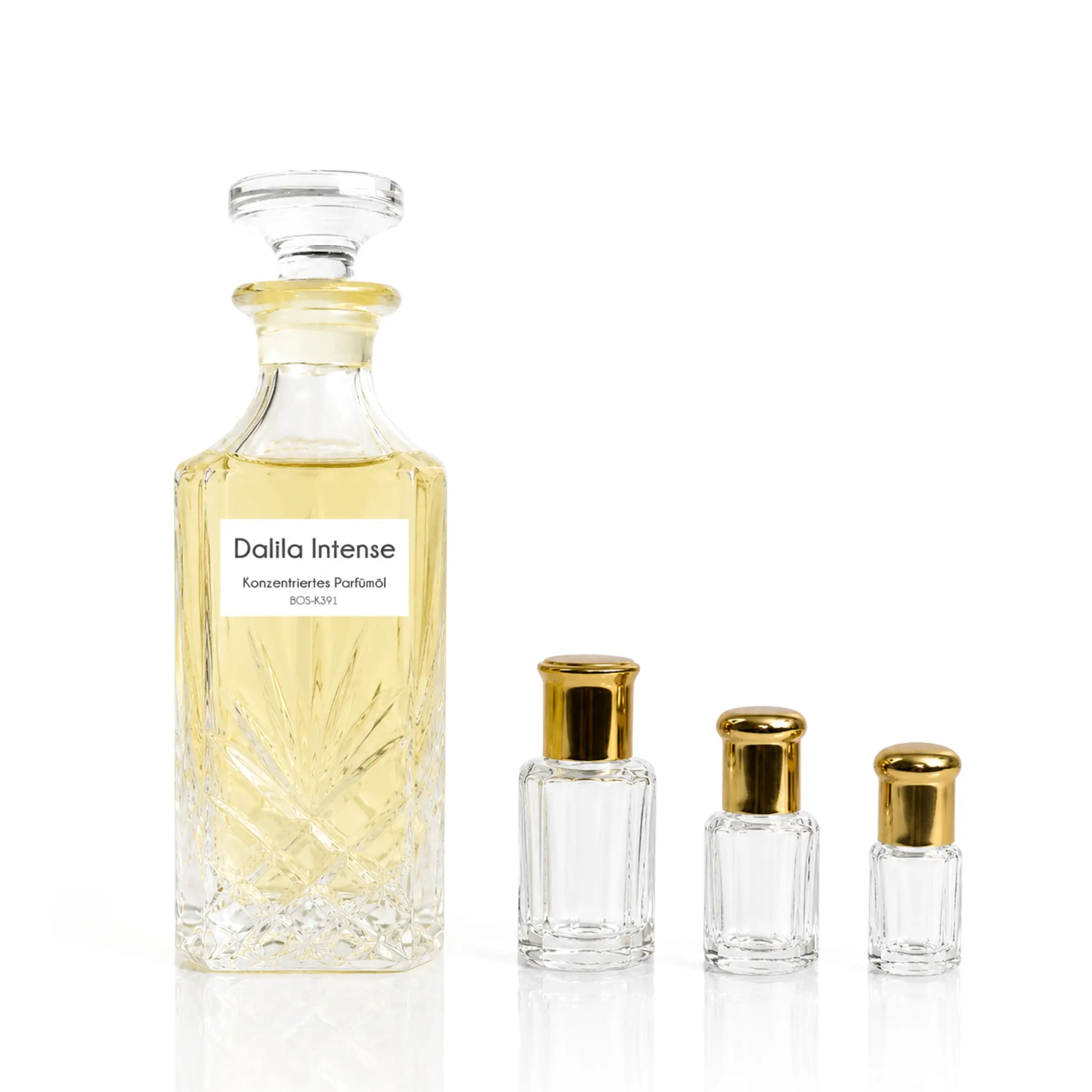 Sultan Essancy Dalila Intense Parfümöl mit großem Glasflakon und kleinen Leerflakons, intensiver Damenduft und Duftzwilling mit Cassis, schwarzer Johannisbeere, Rose, Vanille, Patchouli, Holznoten und Ambroxan – Oriental-Style.