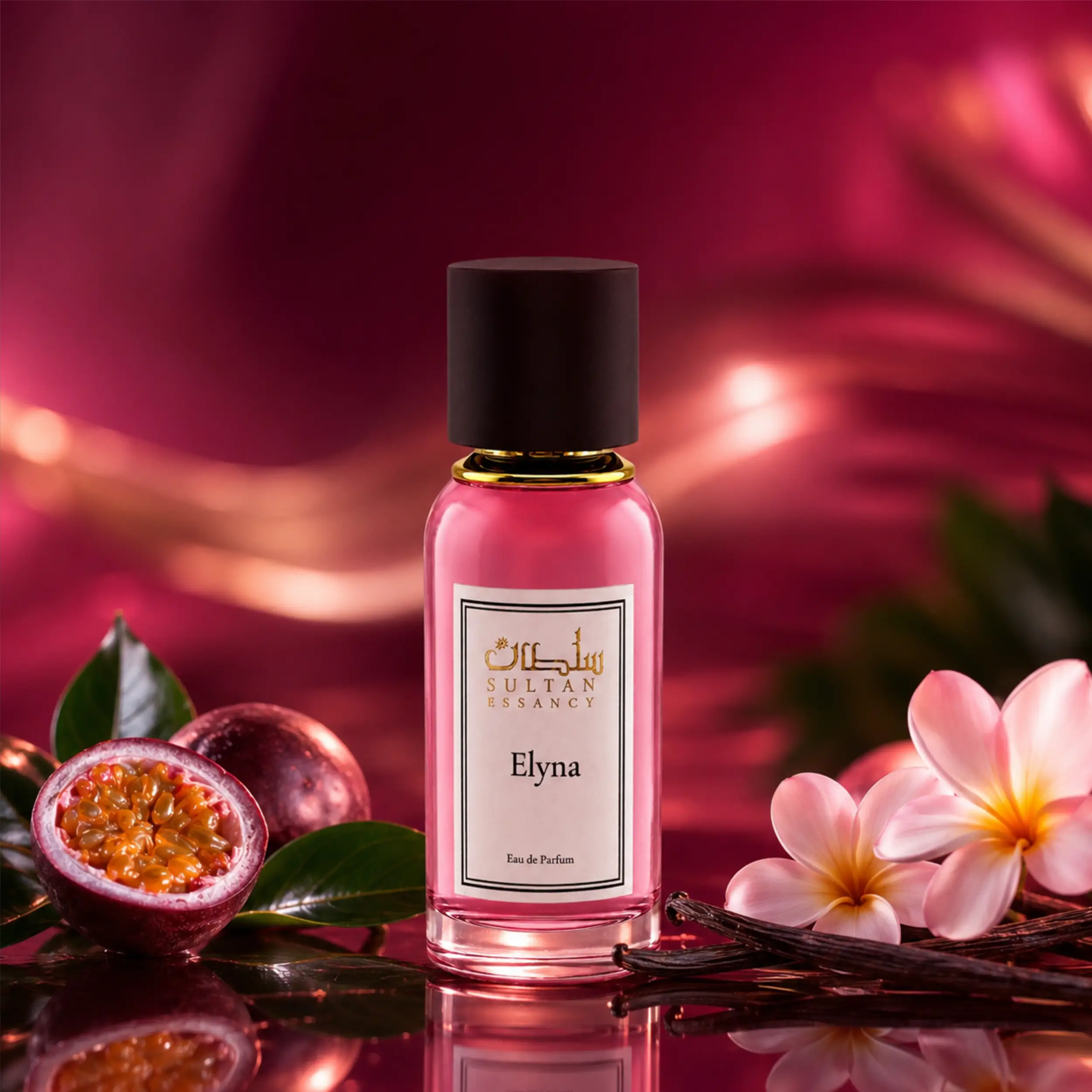 Sultan Essancy Elyna Eau de Parfum für Frauen in luxuriöser Duftszene mit Passionsfrucht, Vanilleschoten und Frangipani, tropischer Vanilleduft als Dupe und Duftzwilling – Oriental-Style.