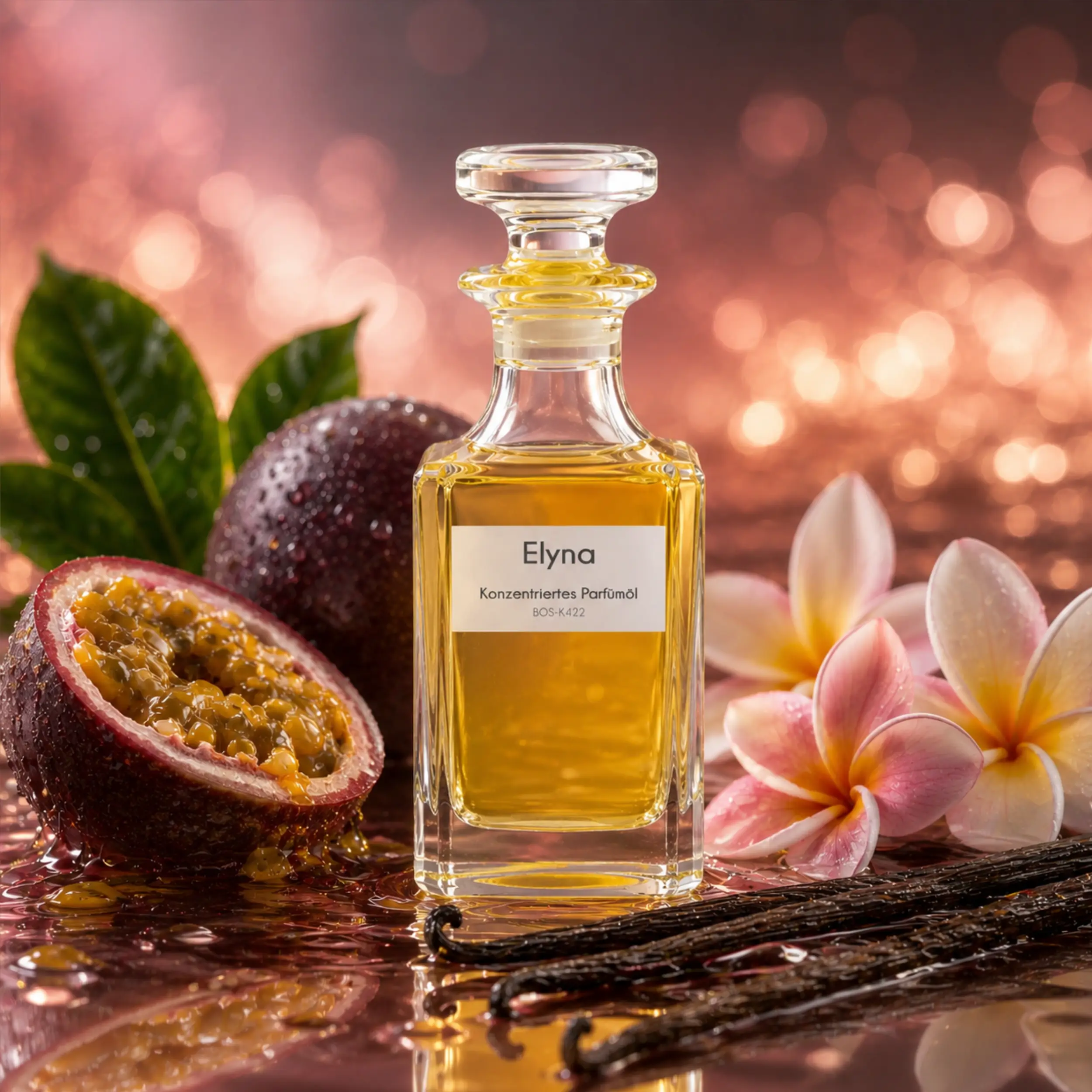 Sultan Essancy Elyna Parfümöl in luxuriöser Duftszene mit Passionsfrucht, Frangipani und Vanille, tropisch-warmer Duft für Damen mit Bitterorange, Zitrone, Benzoe und Labdanum – Oriental-Style.