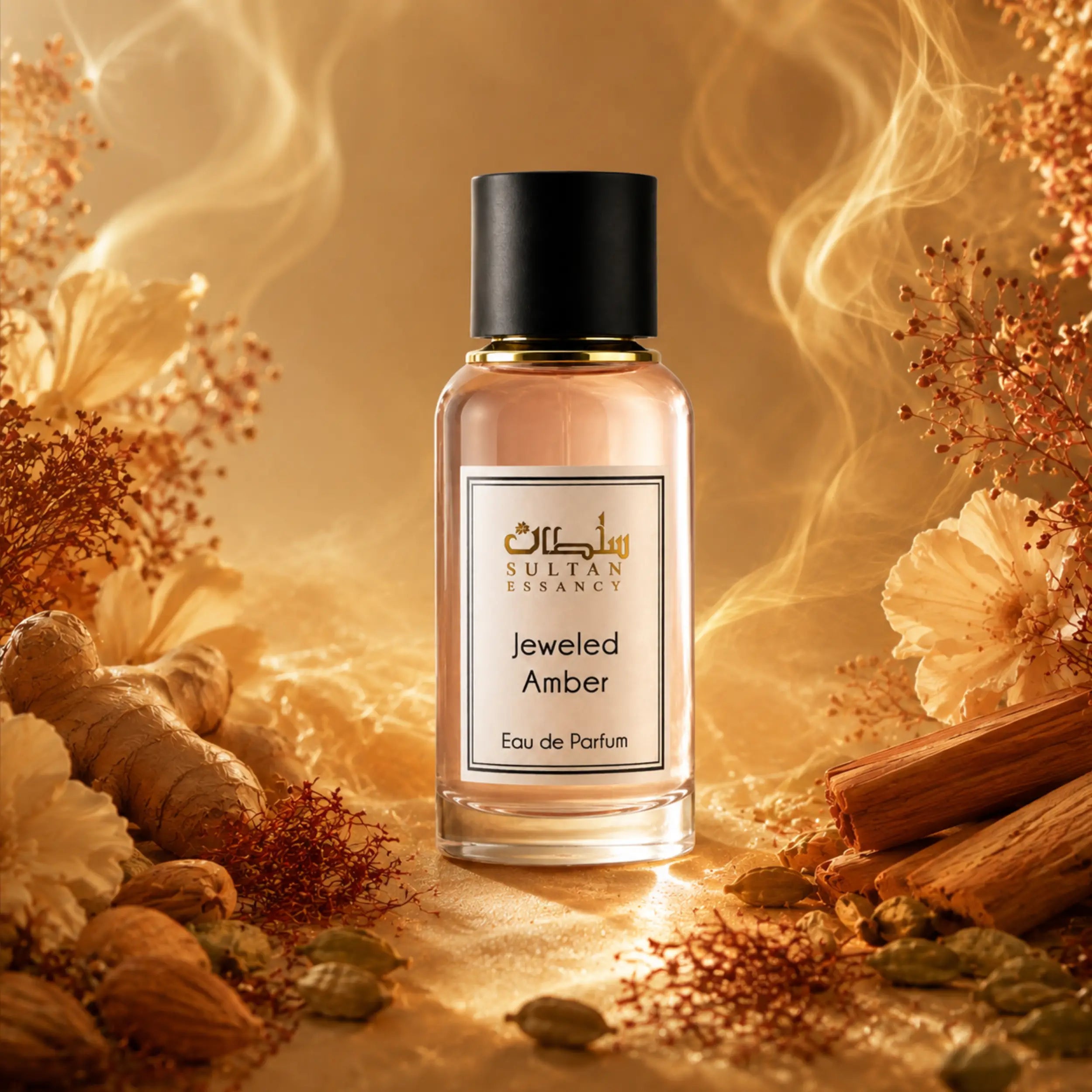 Sultan Essancy Jeweled Amber Eau de Parfum in einer luxuriösen, warm-goldenen Produktinszenierung mit Zimt, Kardamom, Ingwer, Safran und hellen Blüten.