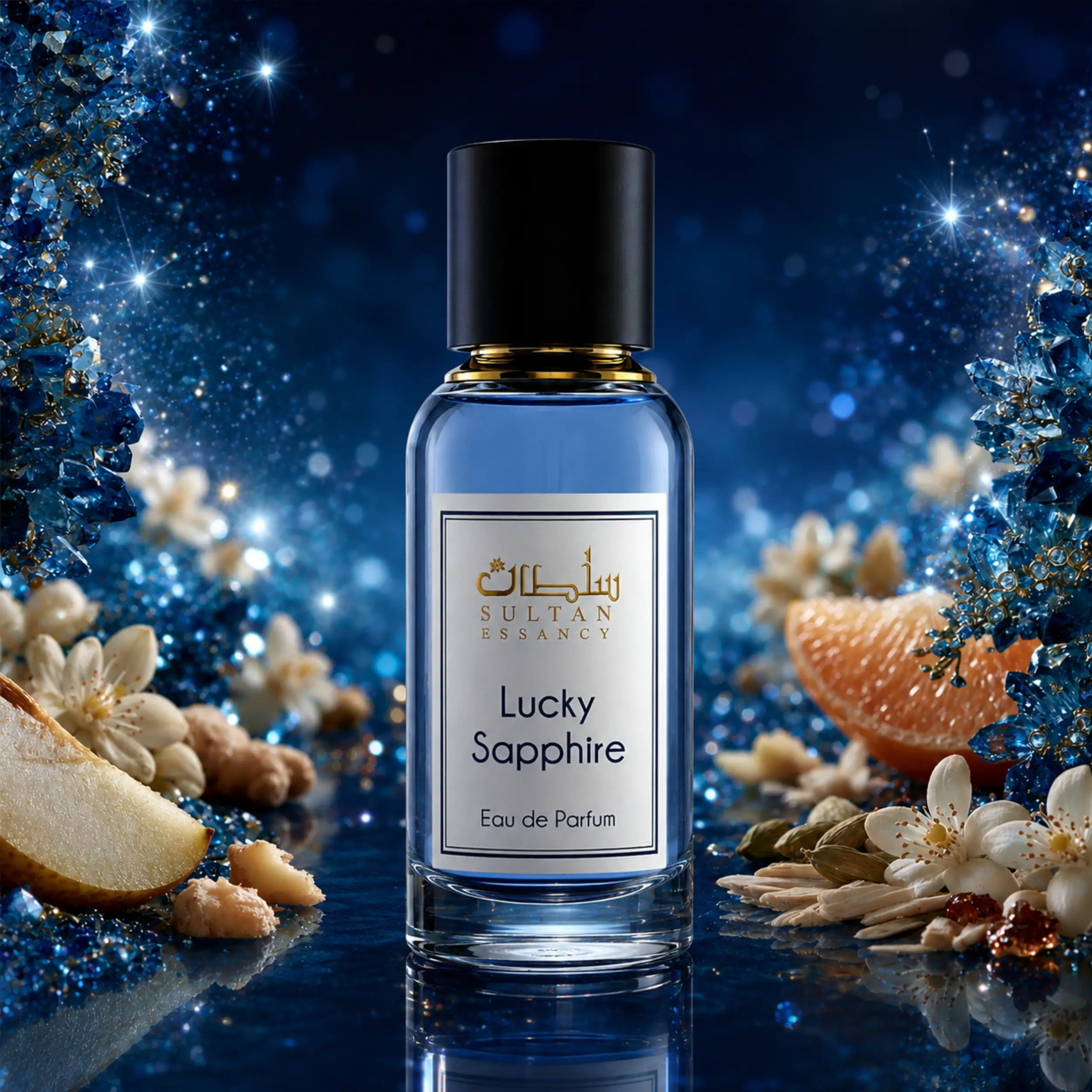 Sultan Essancy Lucky Sapphire Eau de Parfum Flakon in funkelnder Saphir-Szene, kristallin-frischer Duftzwilling und Dupe mit Birne, Bergamotte, Mandarine, Ingwer, Orangenblüte, Moschus und modernen Holznoten – Oriental-Style.