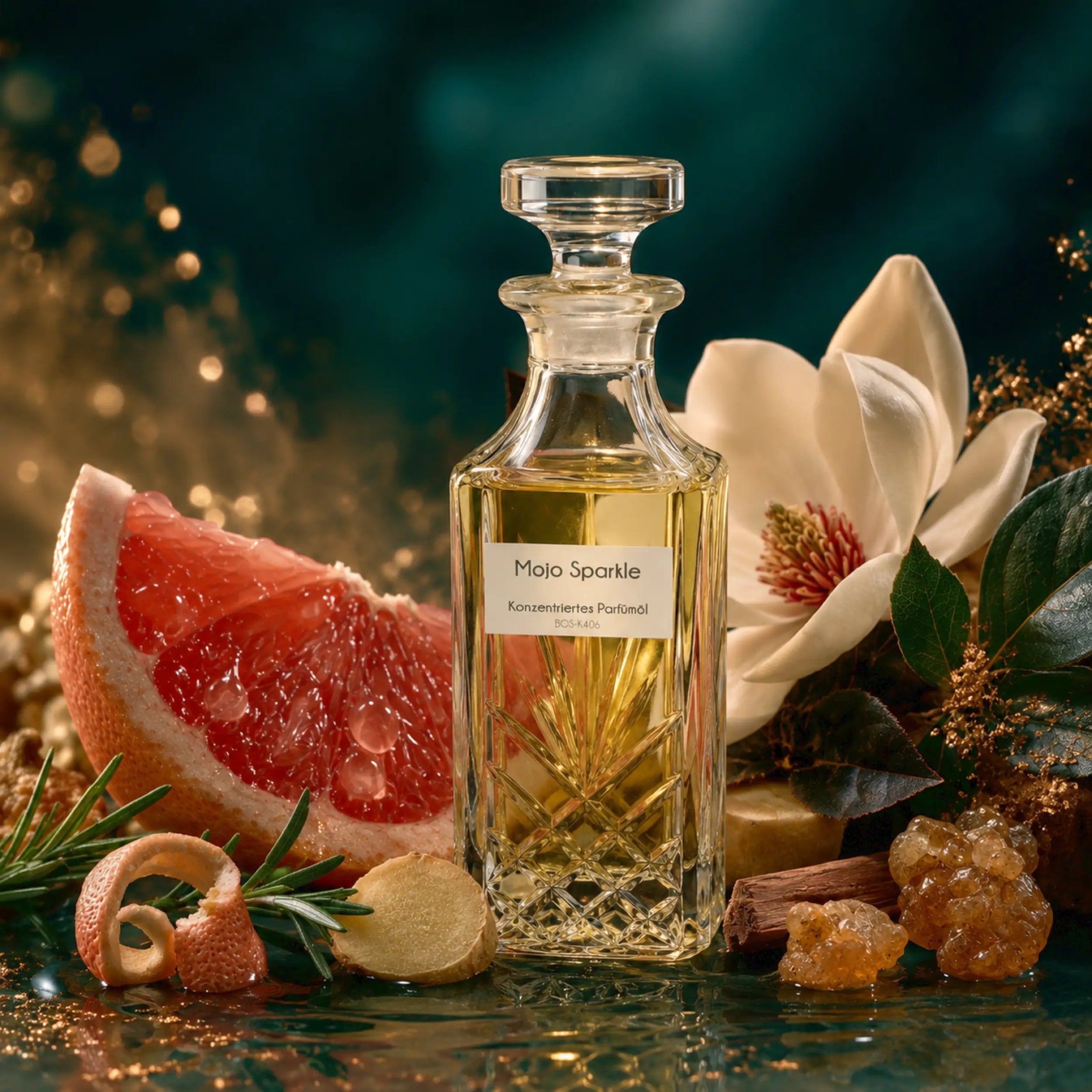 Sultan Essancy Mojo Sparkle Parfümöl Flakon in luxuriöser Duftszene mit Grapefruit, Ingwer, Magnolie, Amber und Holz, funkelnd-frischer Duftzwilling und Dupe für Frauen und Männer – Oriental-Style.