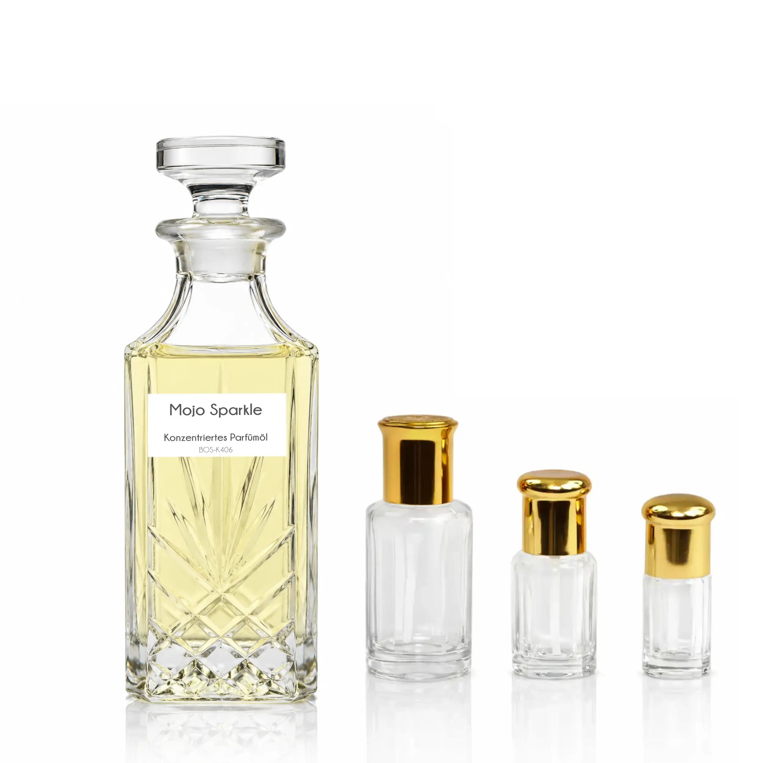 Sultan Essancy Mojo Sparkle Parfümöl Set mit großer Glasflasche und kleinen Roll-on-Flakons, funkelnd-frischer Duftzwilling und Dupe mit Grapefruit, Bergamotte, Ingwer, grünen Noten, Moschus, Zeder und Amber – Oriental-Style.