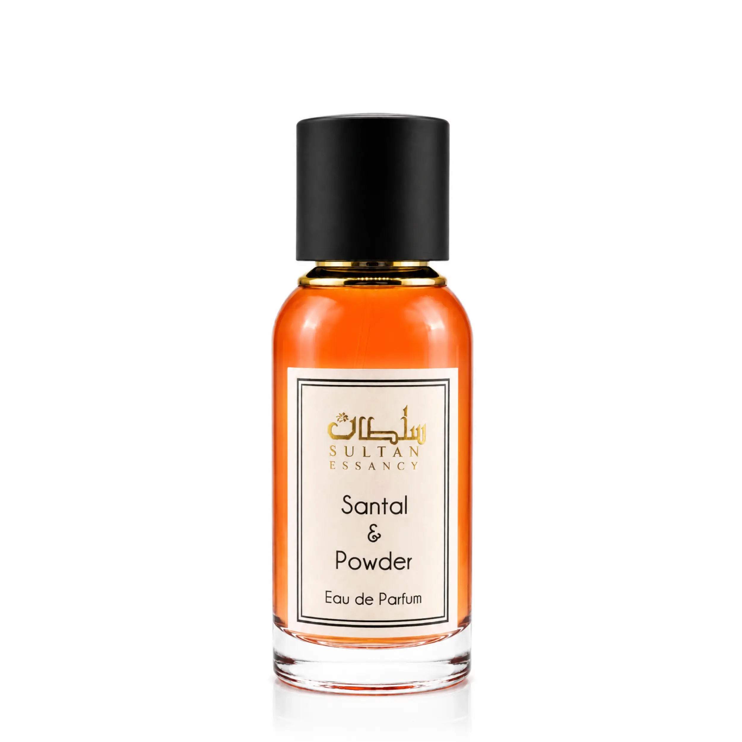 Sultan Essancy Santal & Powder Eau de Parfum im transparenten Flakon mit bernsteinfarbener Flüssigkeit, cremiger Dupe mit Sandelholz, Iris, Moschus und Vanille