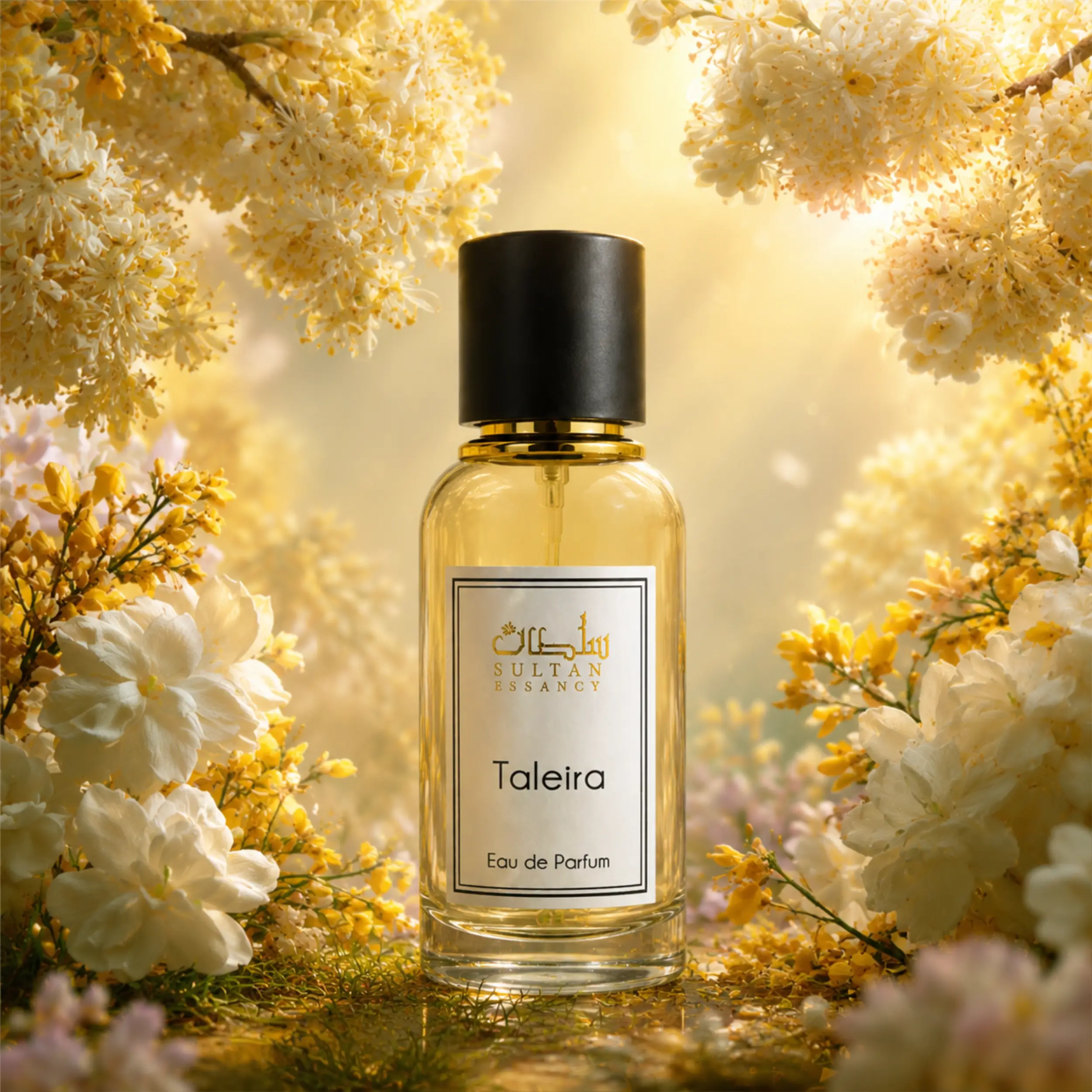 Sultan Essancy Taleira Eau de Parfum in sonniger Blütenszene, blumiger Dupe mit Lindenblüte, Jasmin-Sambac, Ginster, Heliotrop, Vetiver und Georgywood
