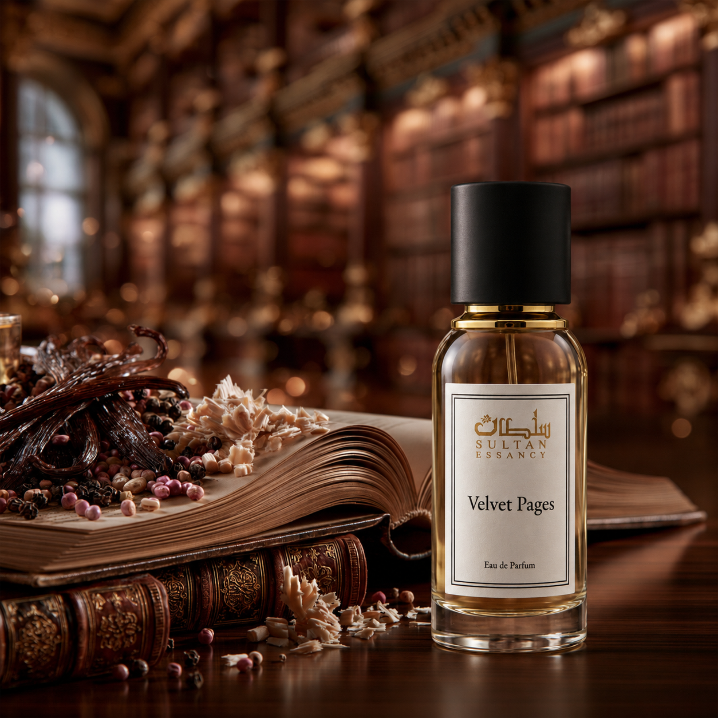 Sultan Essancy Velvet Pages Eau de Parfum Flakon in warmer Bibliotheks-Szene mit Vanille, Zedernholz, Pfeffer, Buchseiten und Lederbüchern – holzig-vanilliger Unisex-Duft von Oriental-Style.