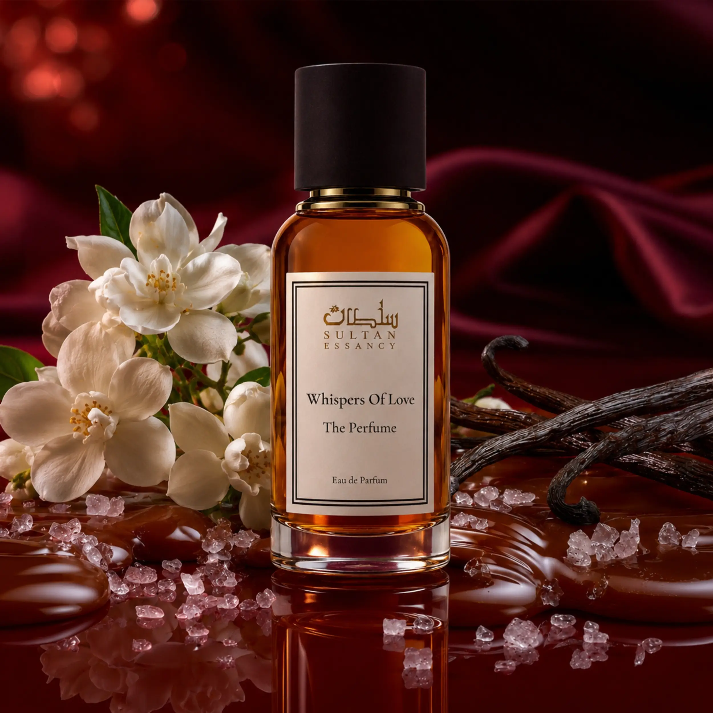 Sultan Essancy Whispers Of Love The Perfume Eau de Parfum in luxuriöser Duftszene mit Jasmin, Vanille, Karamell und Salz, femininer Gourmand-Duft und Dupe mit süß-warmer Ausstrahlung – Oriental-Style.