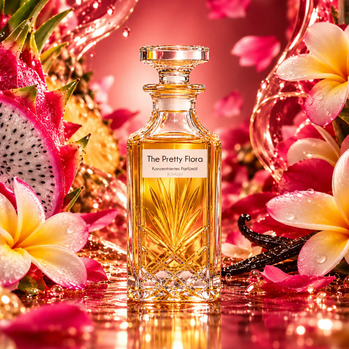 The Pretty Flora Parfümöl für Damen von Sultan Essancy im geschliffenen Glasflakon mit goldgelbem Parfümöl. Luxuriöse Duftinszenierung mit Drachenfrucht, Frangipani-Blüten und Vanilleschoten vor rubinrotem Hintergrund.
