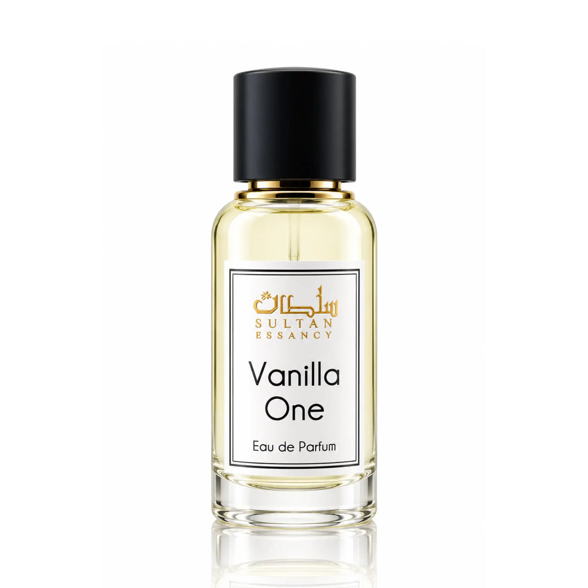 Vanilla One von Sultan Essancy – Eau de Parfum für Damen im transparenten Glasflakon mit hellgoldener Flüssigkeit, schwarzem Deckel und weißem Etikett.