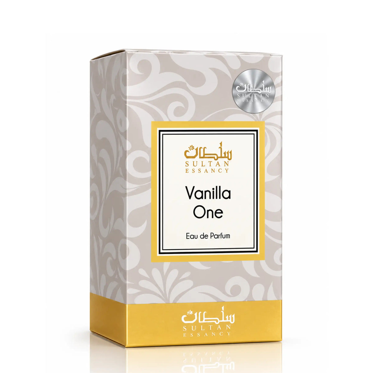 Originalverpackung des Vanilla One Eau de Parfum von Sultan Essancy – cremefarbene Parfümbox mit ornamentalem Muster, goldenen Akzenten und silbernem Markensiegel.