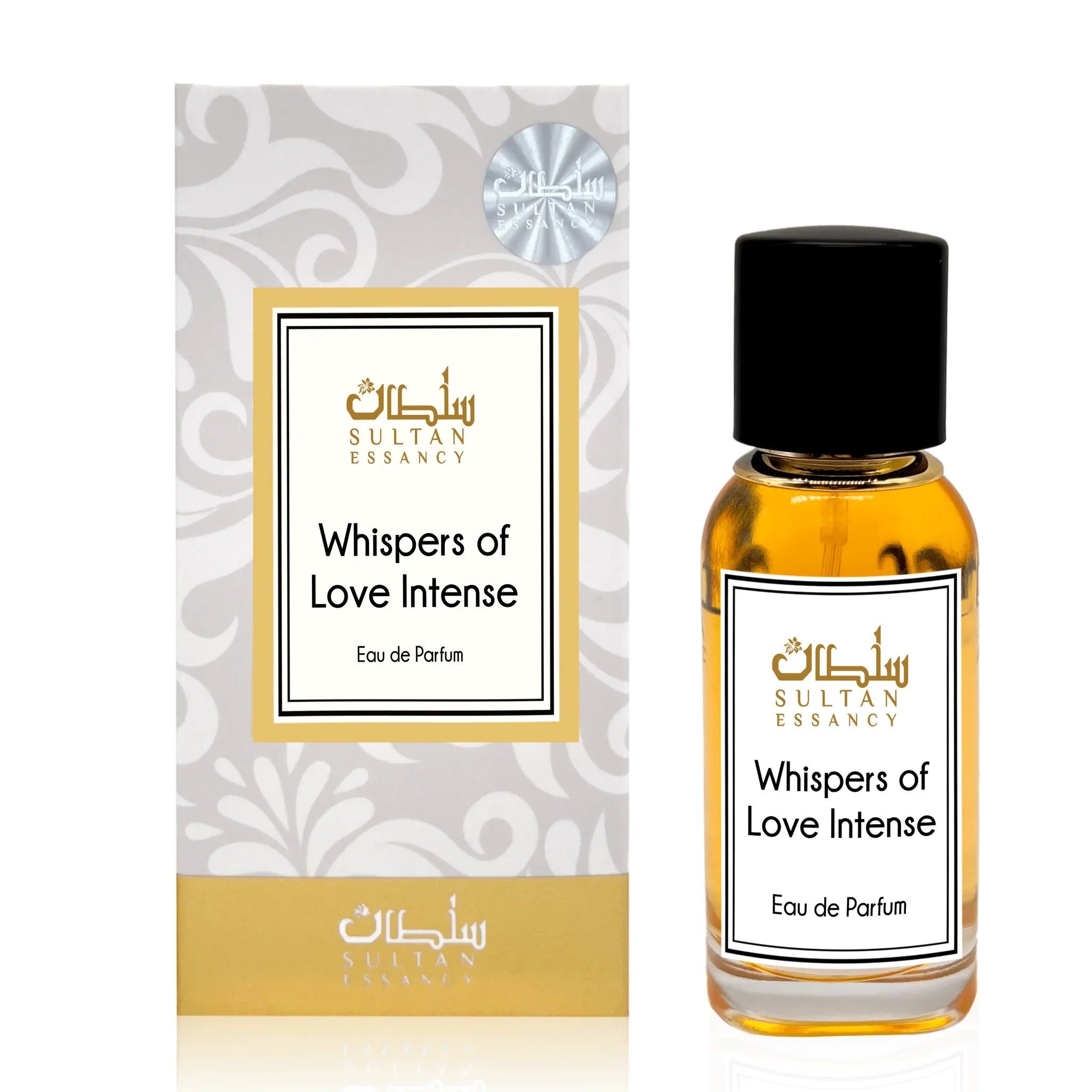 Whispers of Love Intense Eau de Parfum von Sultan Essancy mit Flakon und Verpackung