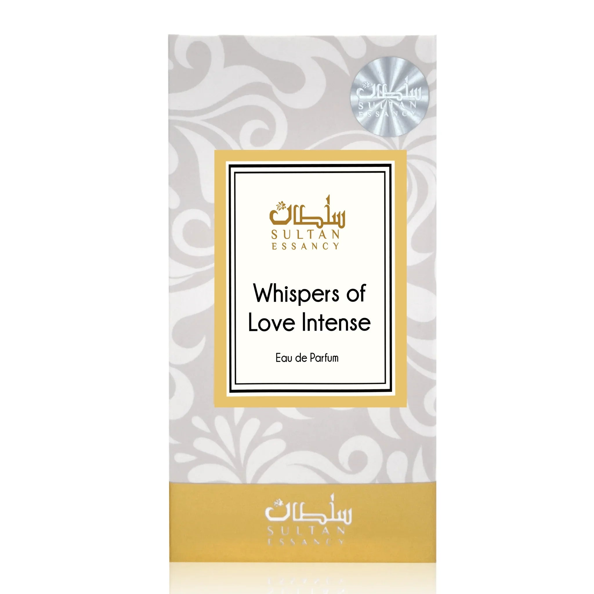 Whispers of Love Intense Eau de Parfum packaging by Sultan Essancy in white and gold