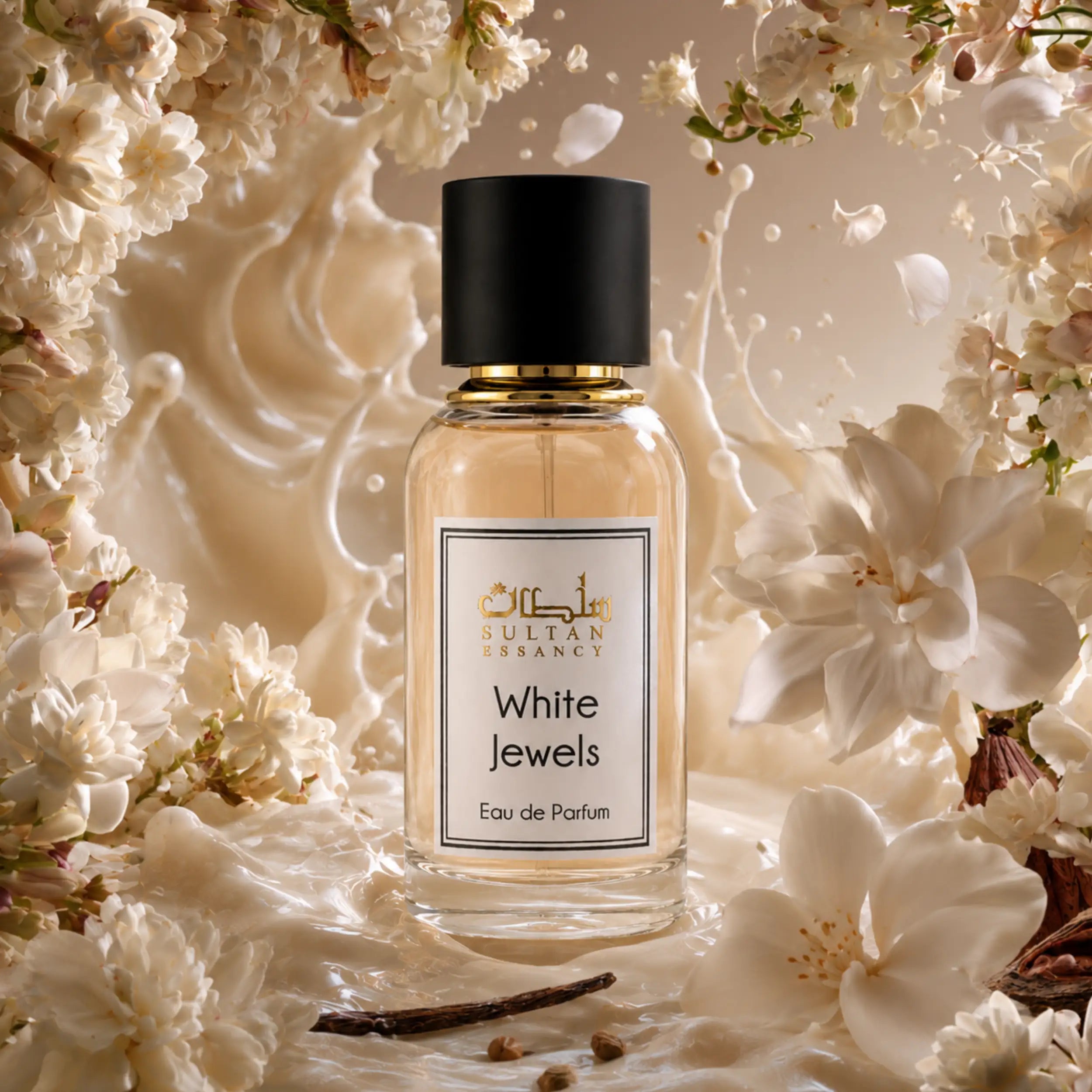White Jewels von Sultan Essancy – milchig-laktonisches Unisex Eau de Parfum mit cremiger Vanille, weißen Blüten, Tuberose, Jasmin und weichem Moschus