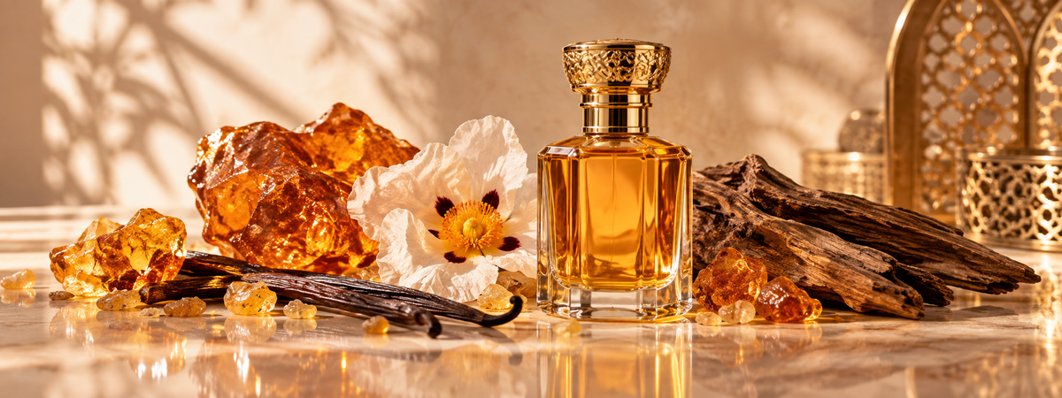 Goldener Duftflakon mit Amberharzen, Vanille, dunklem Holz und Blüte für Amber-Parfüm