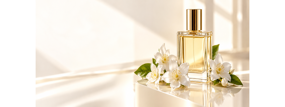 Helles Jasmin-Parfüm Stillleben mit goldfarbenem Flakon und weißen Blüten