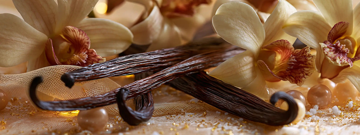Vanilleschoten und cremefarbene Blüten für den Vanille-Parfum Ratgeber 2026