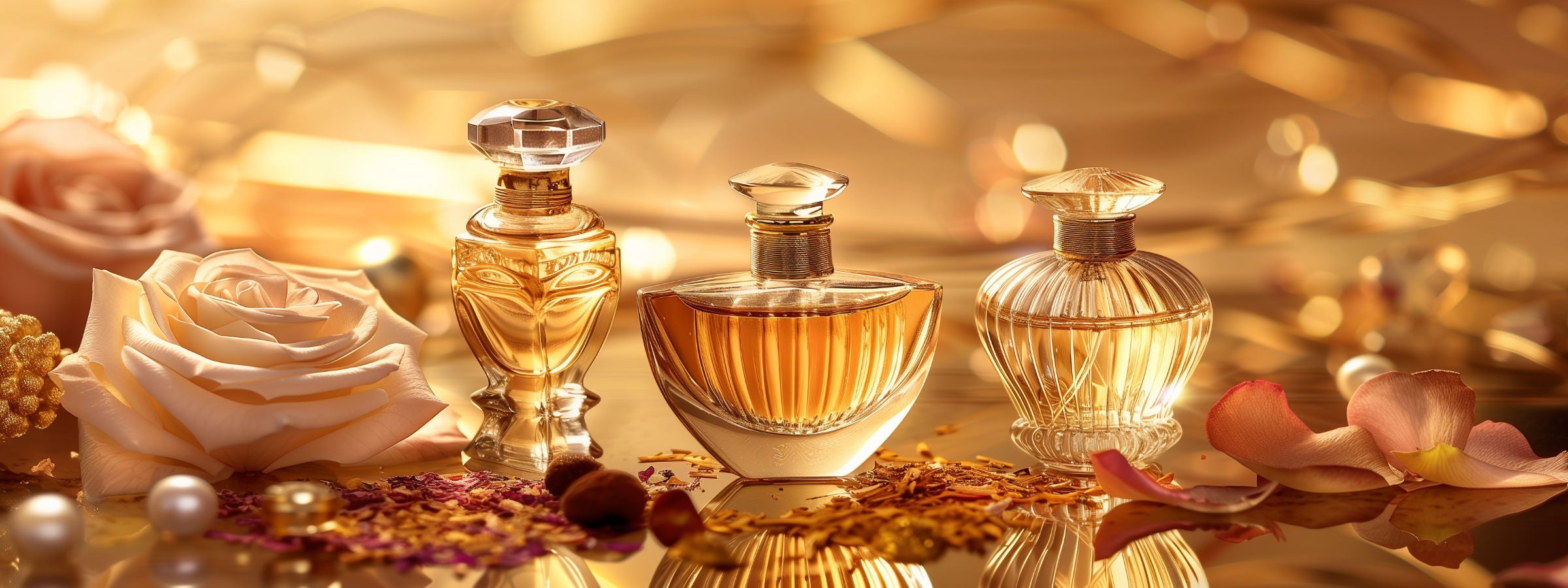 Parfümmarken – verschiedene elegante Parfümflakons in goldener orientalischer Inszenierung mit Rosen, Blüten und Duftgewürzen