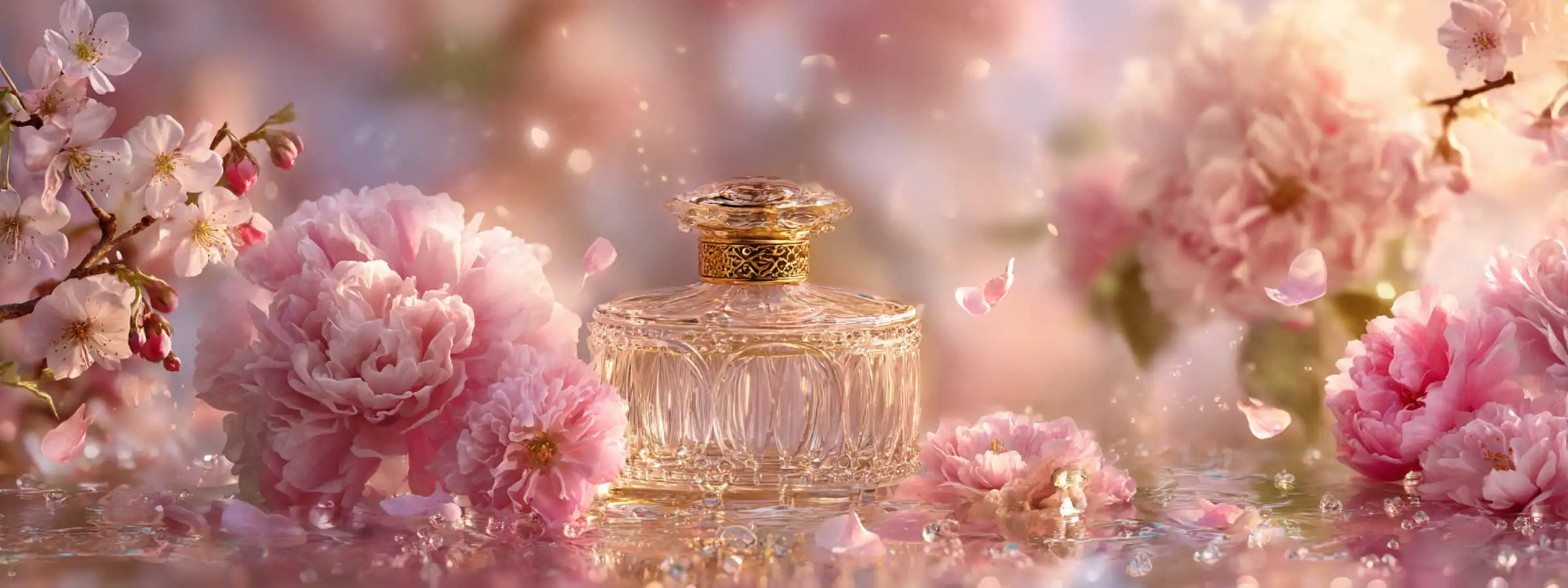 Frühlingsparfüm Kategoriebanner: elegante  Glasflasche mit goldenem Verschluss, umgeben  von rosa Kirschblüten und Pfingstrosen im  warmen goldenen Licht