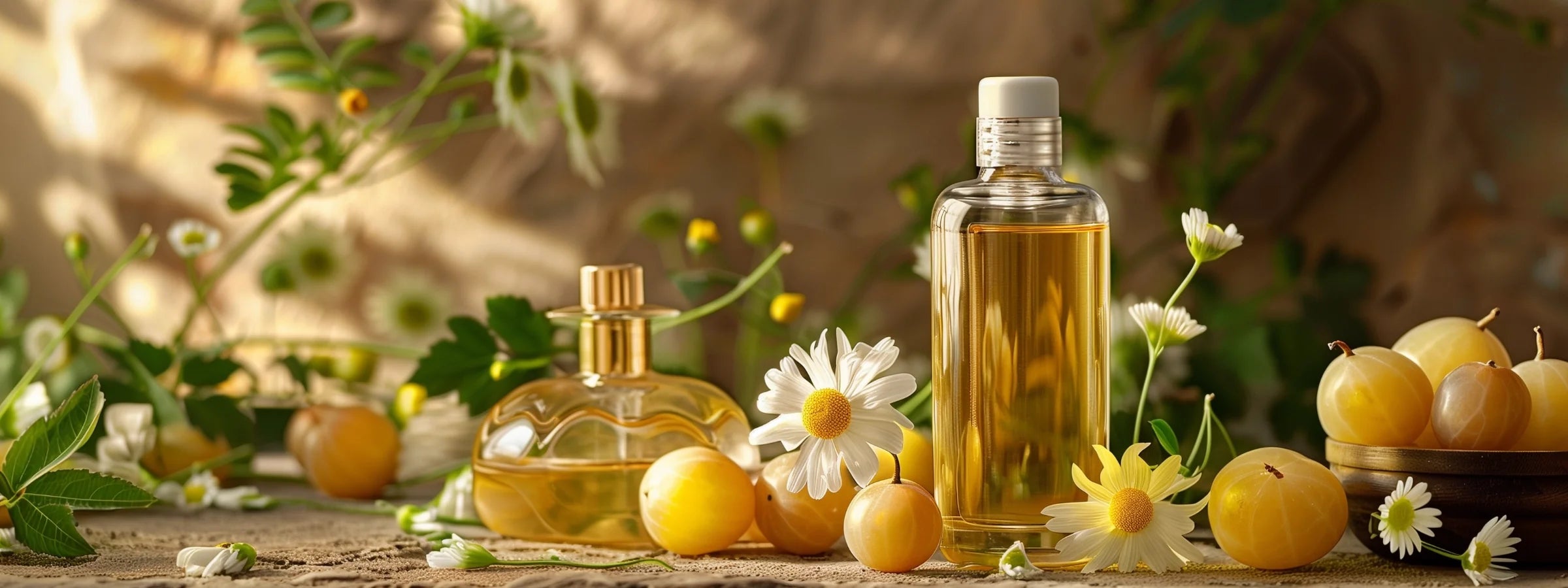 Haaröl-Flaschen zwischen Kamillenblüten und Amla-Früchten im Sonnenlicht – Haaröle & Kosmetik