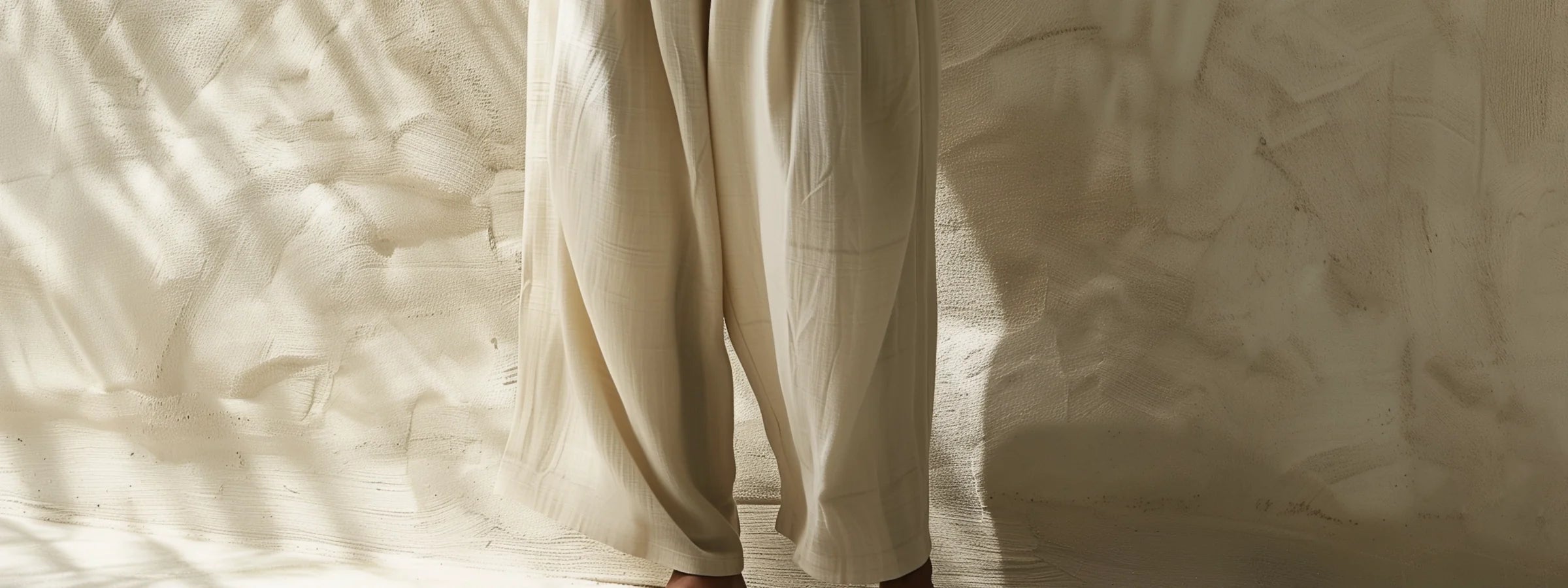 Weite cremefarbene Hose im Schattenspiel vor strukturierter Wand – Arabische Hosen Männer