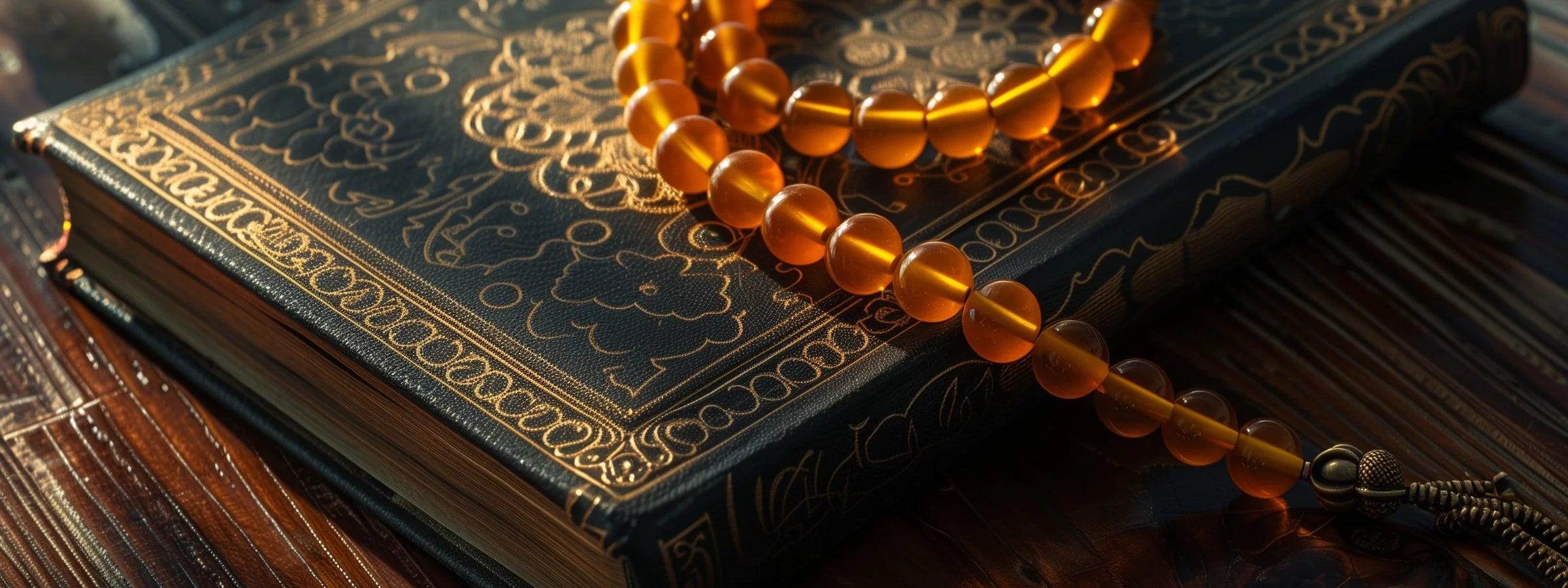 Bernsteinfarbene Gebetskette auf goldverziertem Koran-Einband im warmen Licht – Islambedarf