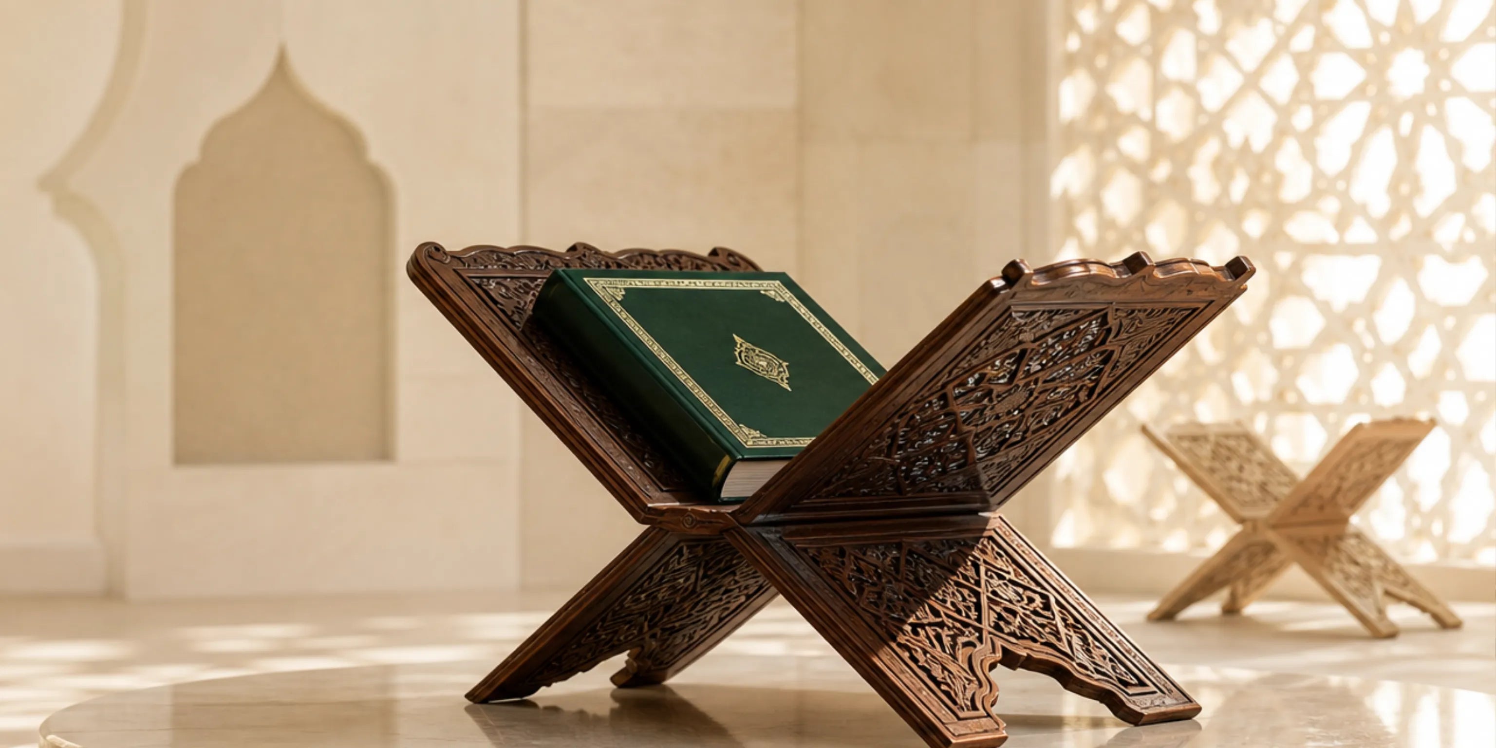 Koranständer und Buchstützen – kunstvoll geschnitzter Holzständer mit geschlossenem Koran in eleganter islamischer Inneneinrichtung