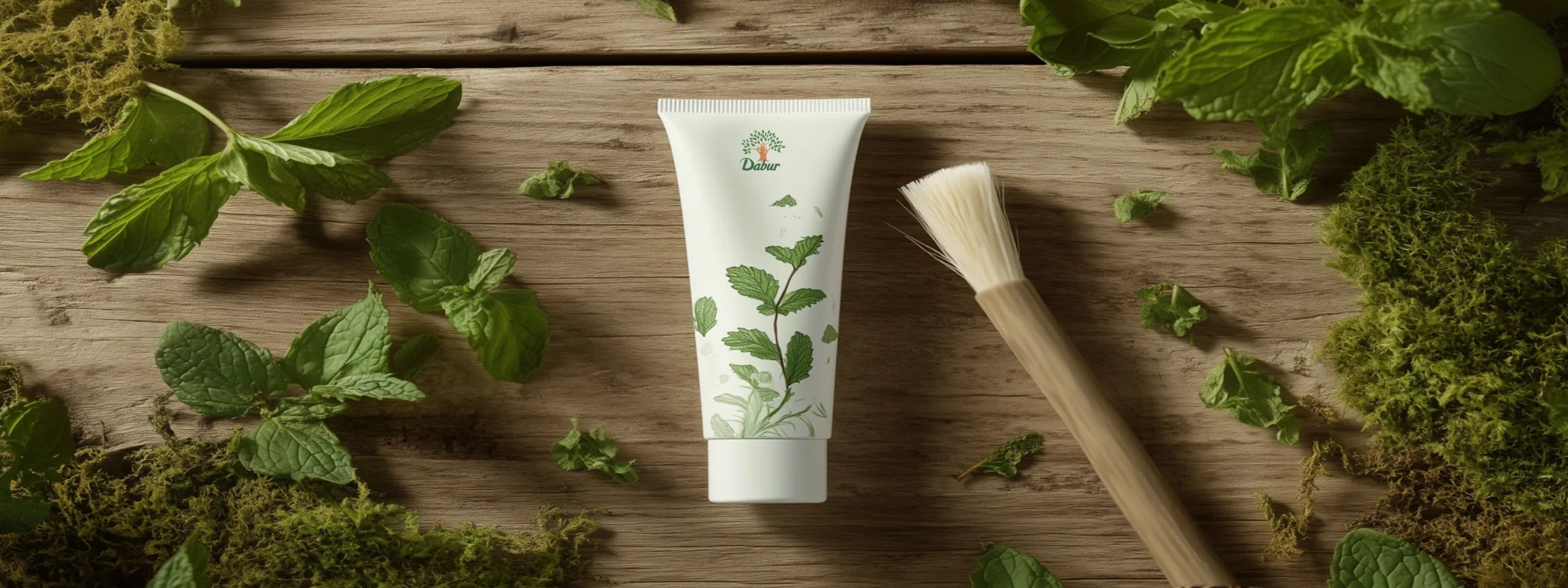 Kräuterzahncreme und Miswak-Zahnholz zwischen frischer Minze auf Holztisch – Miswak & Zahnpasta