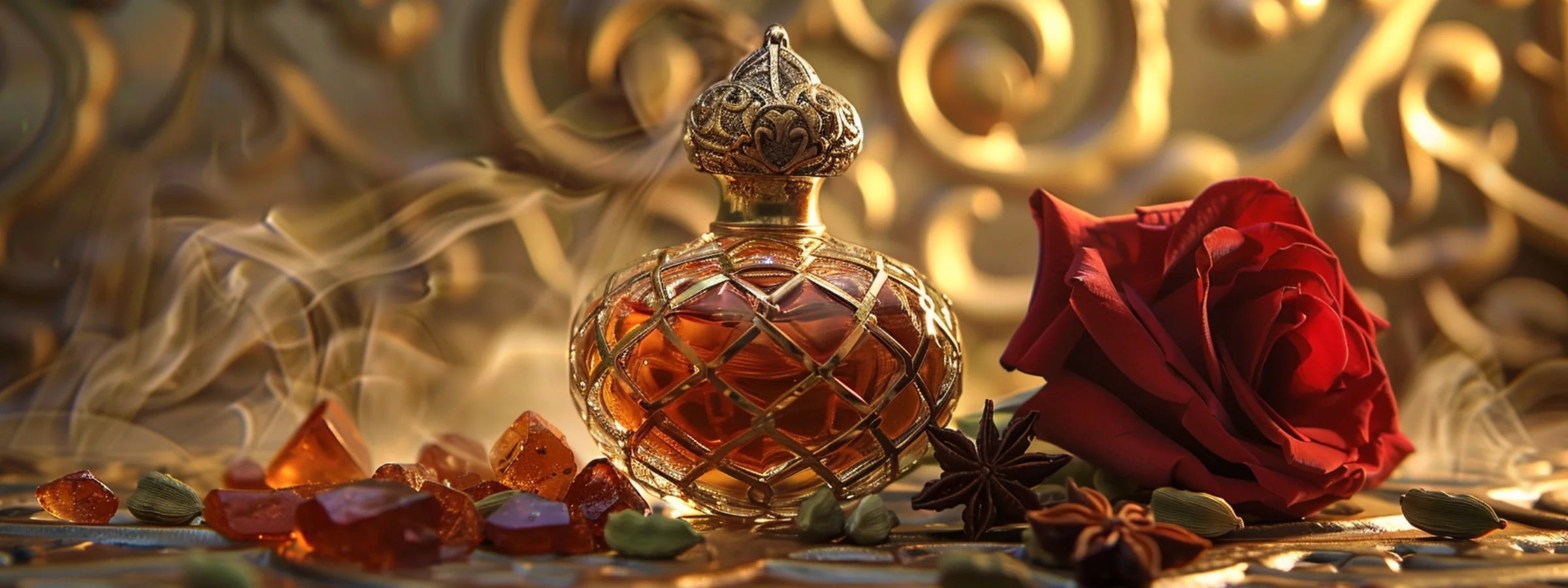 Orientalische Parfümflasche mit Goldornament, roter Rose, Bernstein, Kardamom und Sternanis vor arabeskem Hintergrund
