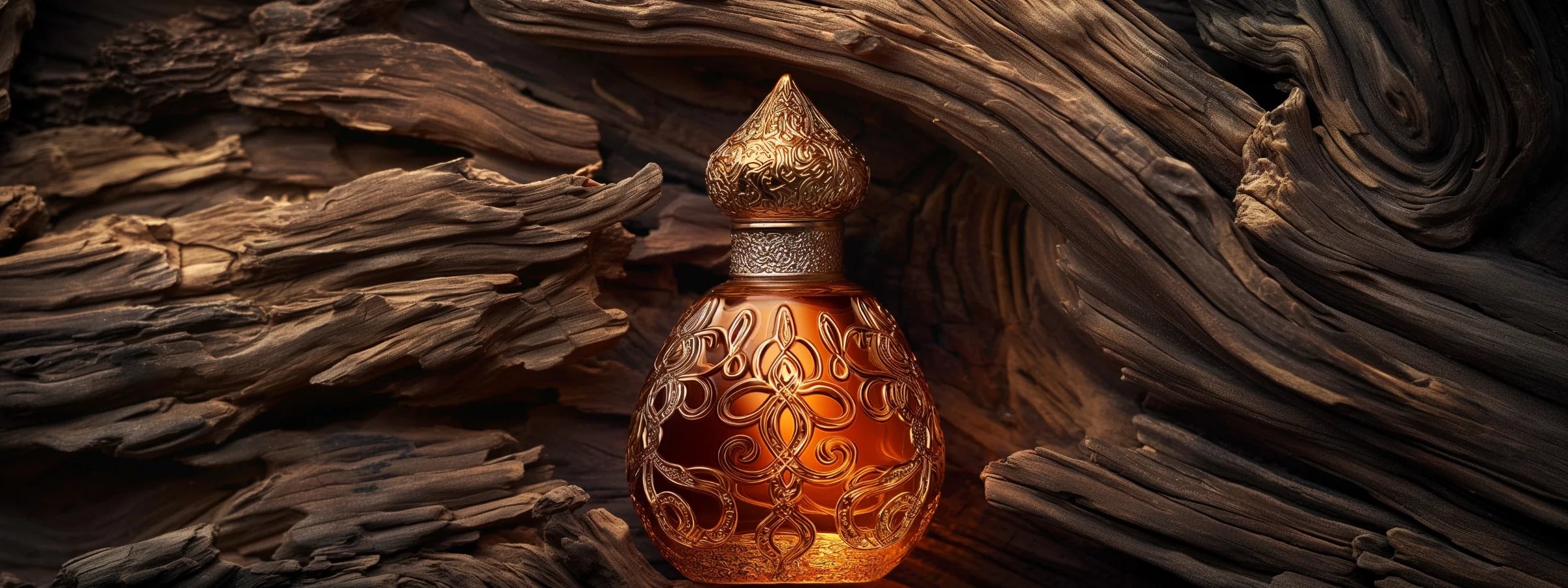 Bernsteinfarbene Parfümflasche mit goldenem Arabeskenmuster vor dunklem, geschnitztem Oud-Holz